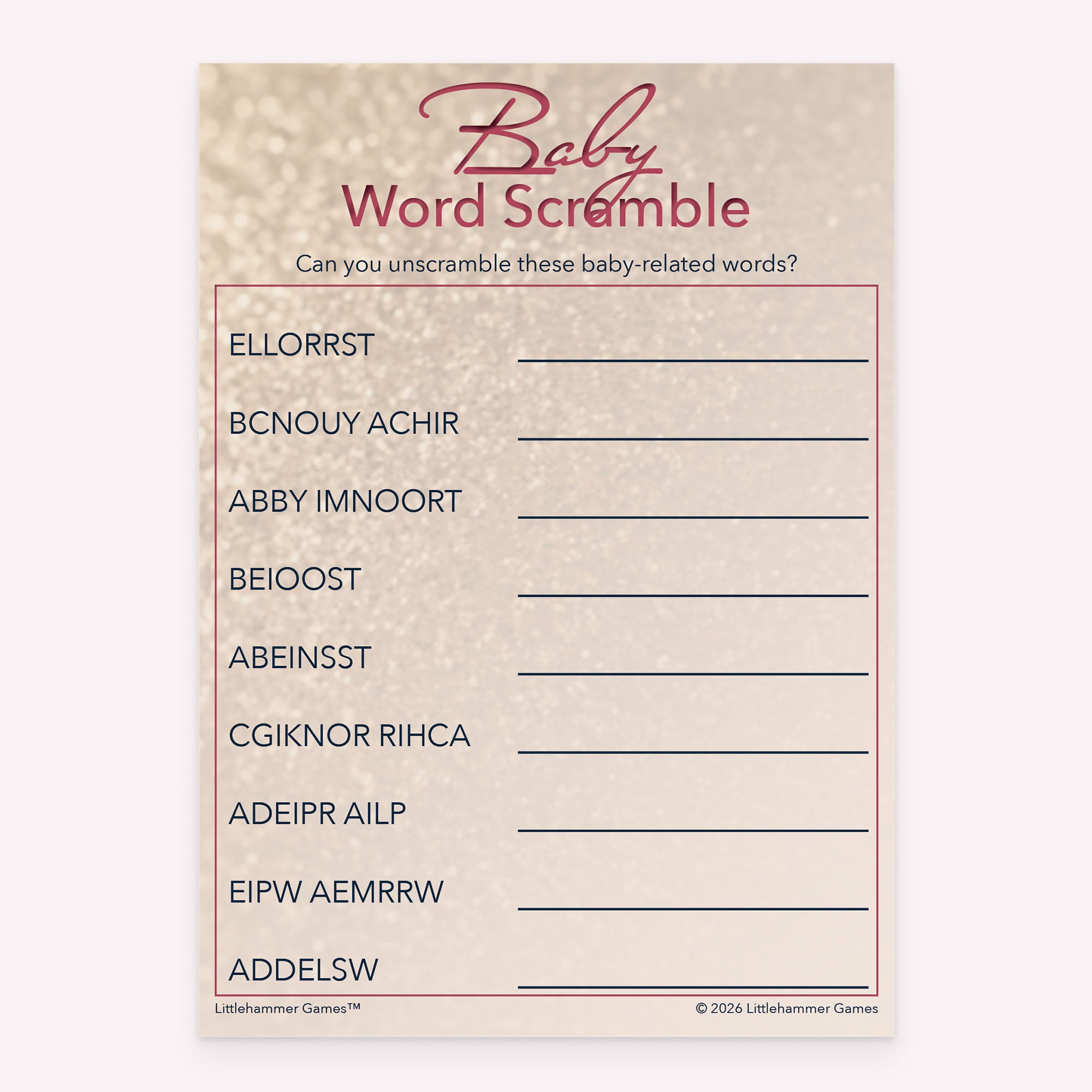 Baby Word Scramble baby shower printable activity card in rose gold glitter design