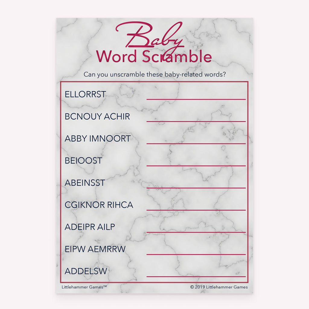 Baby shower Word Scramble game card printable in rose gold and marble design