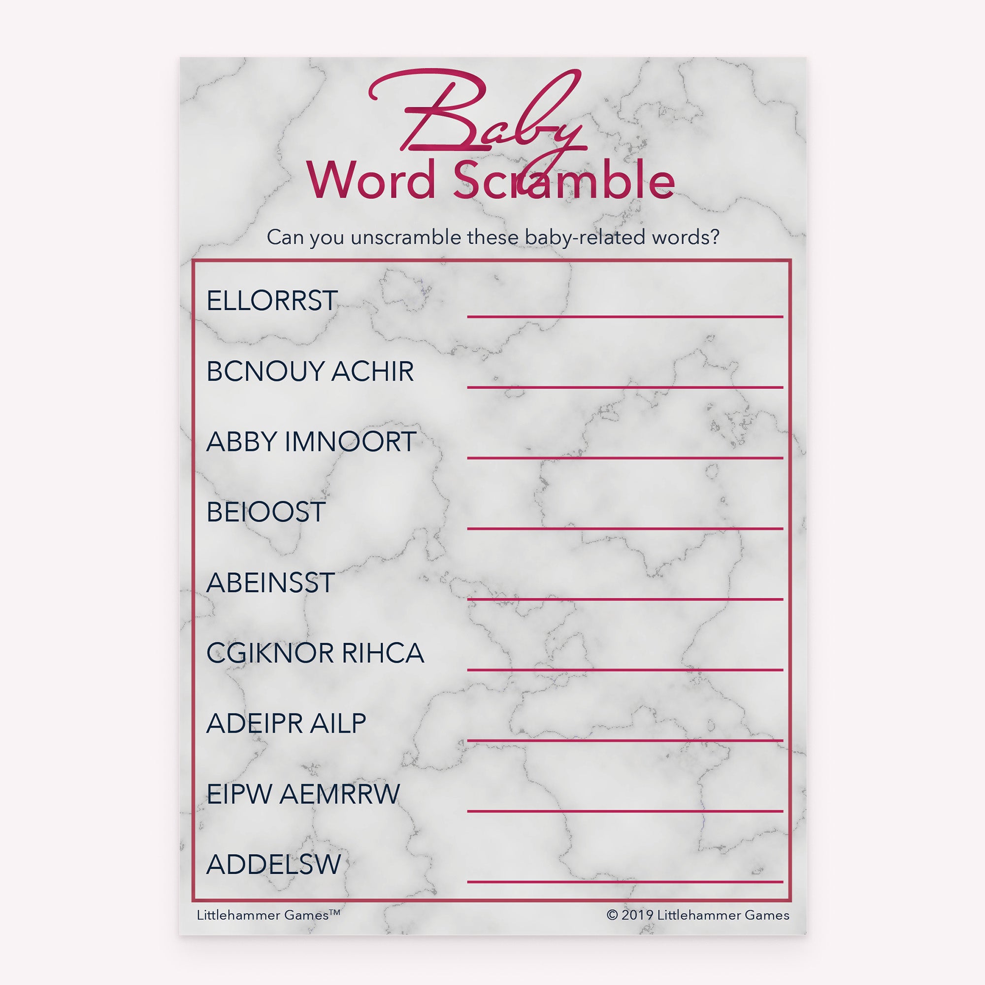 Baby shower Word Scramble game card printable in rose gold and marble design