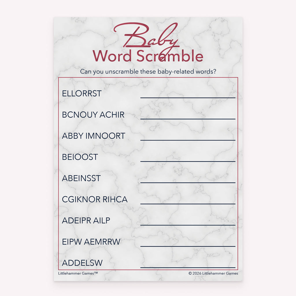 Baby shower Word Scramble game card printable in rose gold and marble design