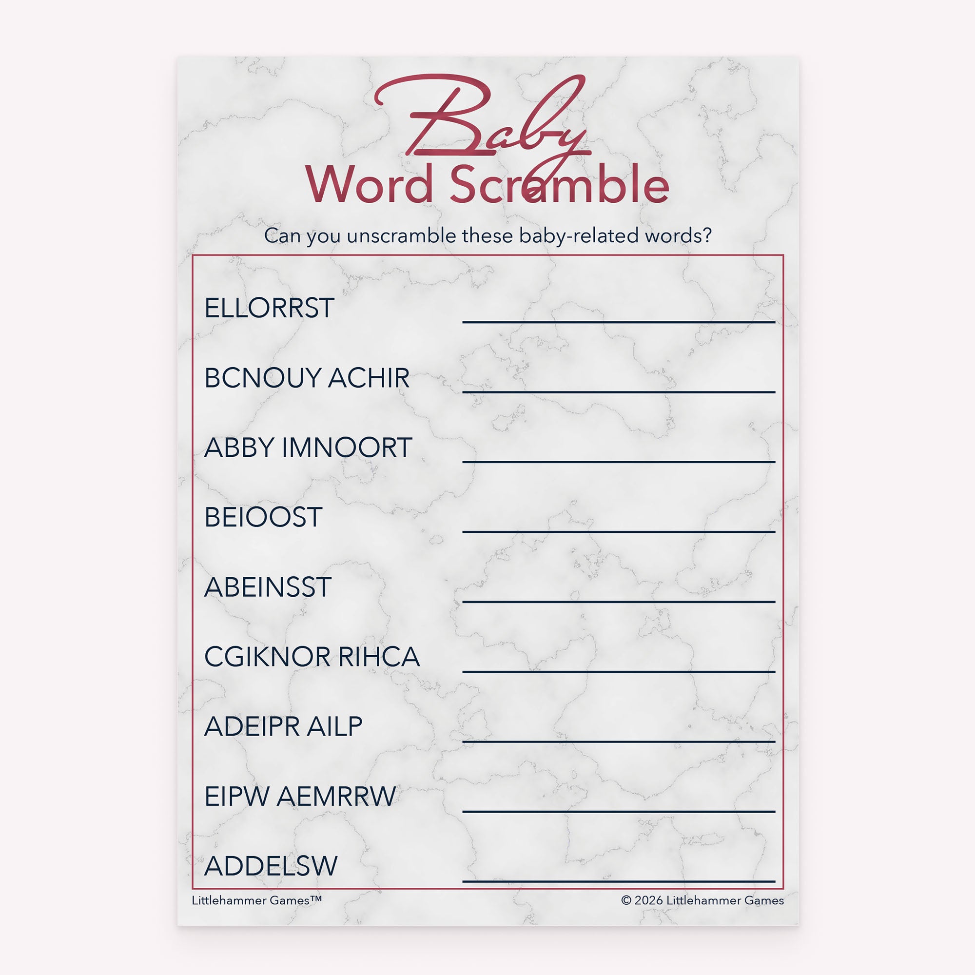 Baby shower Word Scramble game card printable in rose gold and marble design