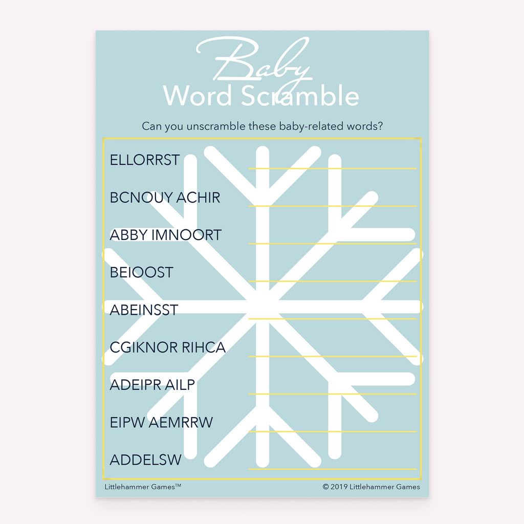 Baby Word Scramble baby shower printable game card featuring Scandinavian snowflake style