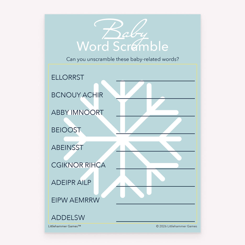Baby Word Scramble baby shower printable game card featuring Scandinavian snowflake style