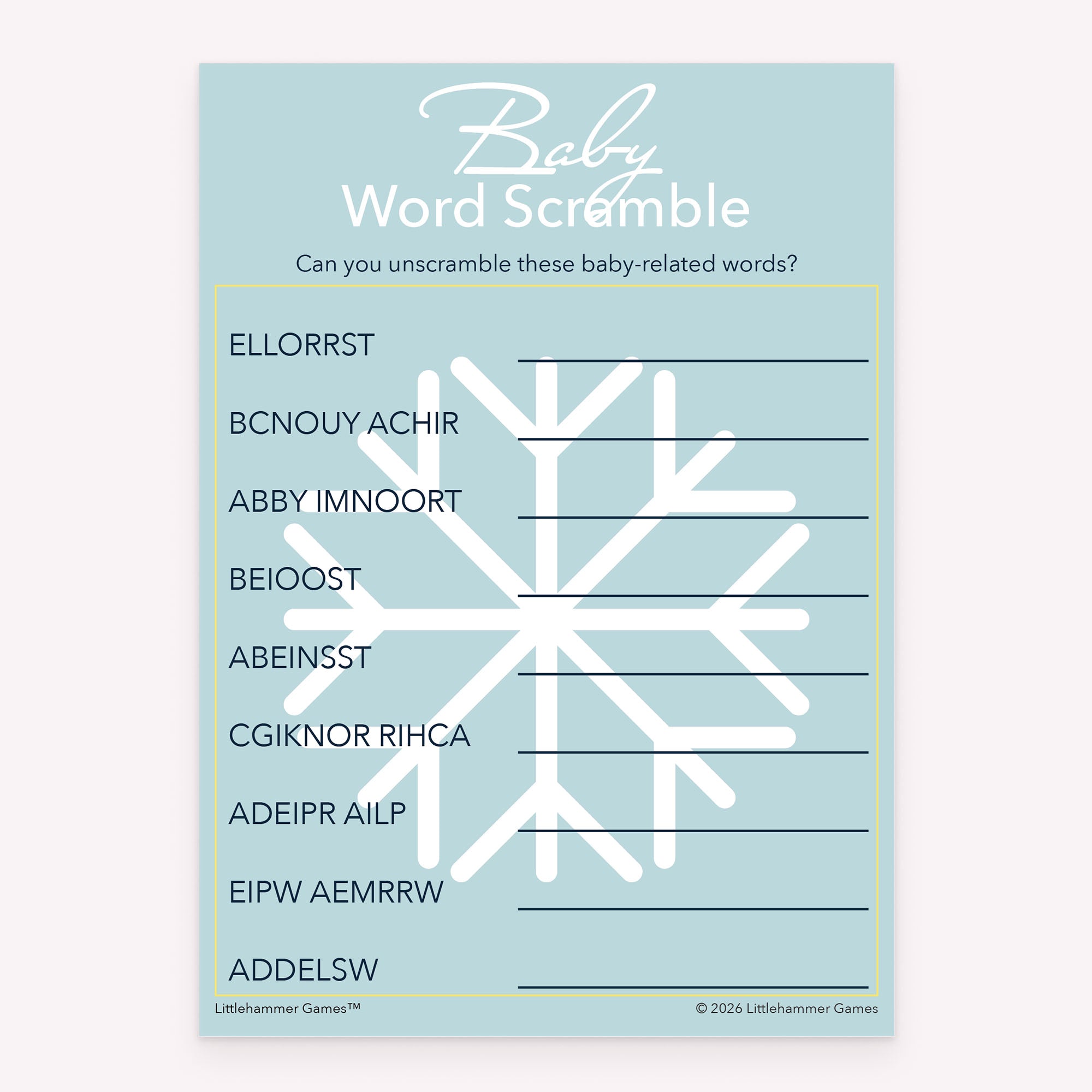 Baby Word Scramble baby shower printable game card featuring Scandinavian snowflake style