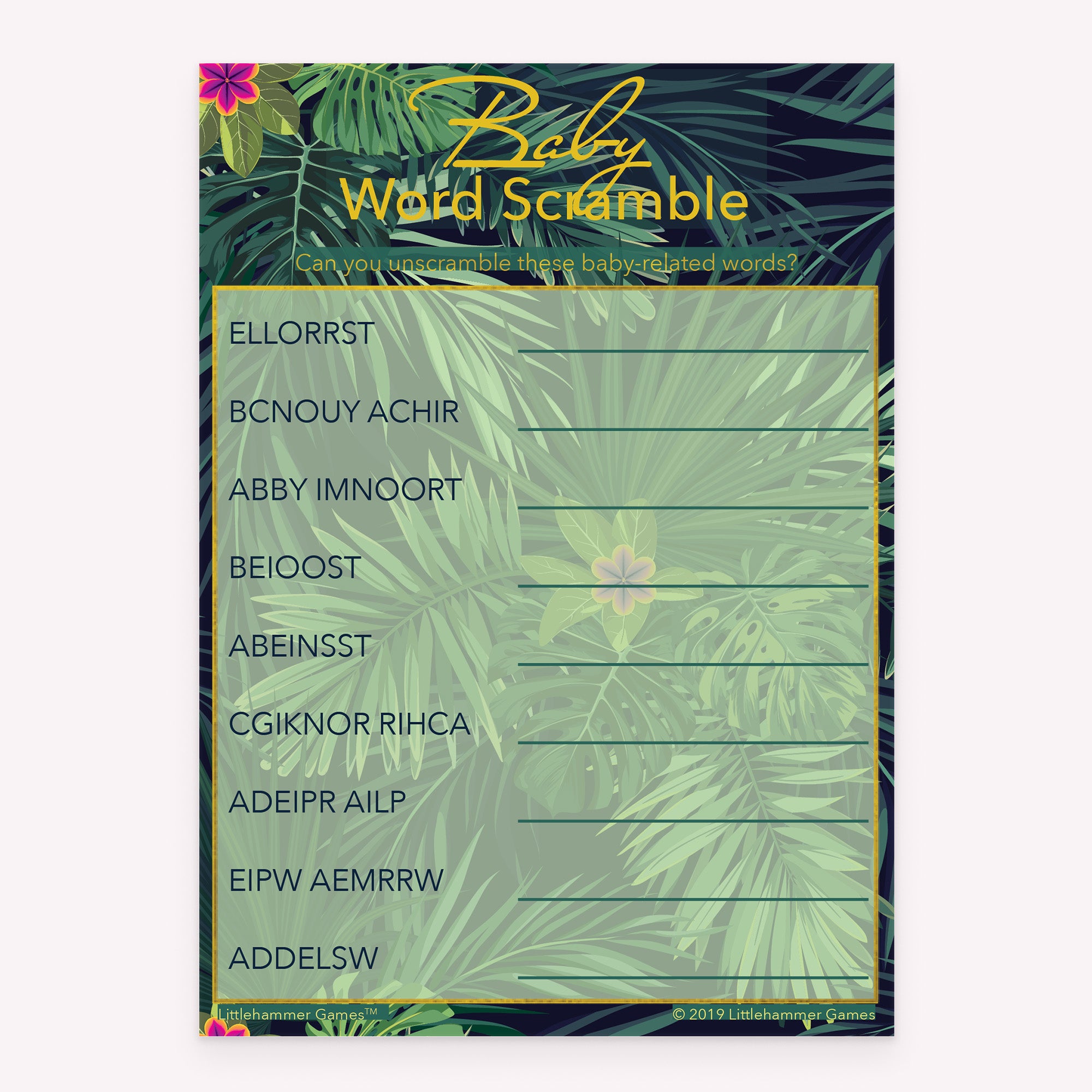 Printable Baby Word Scramble baby shower game card in tropical design