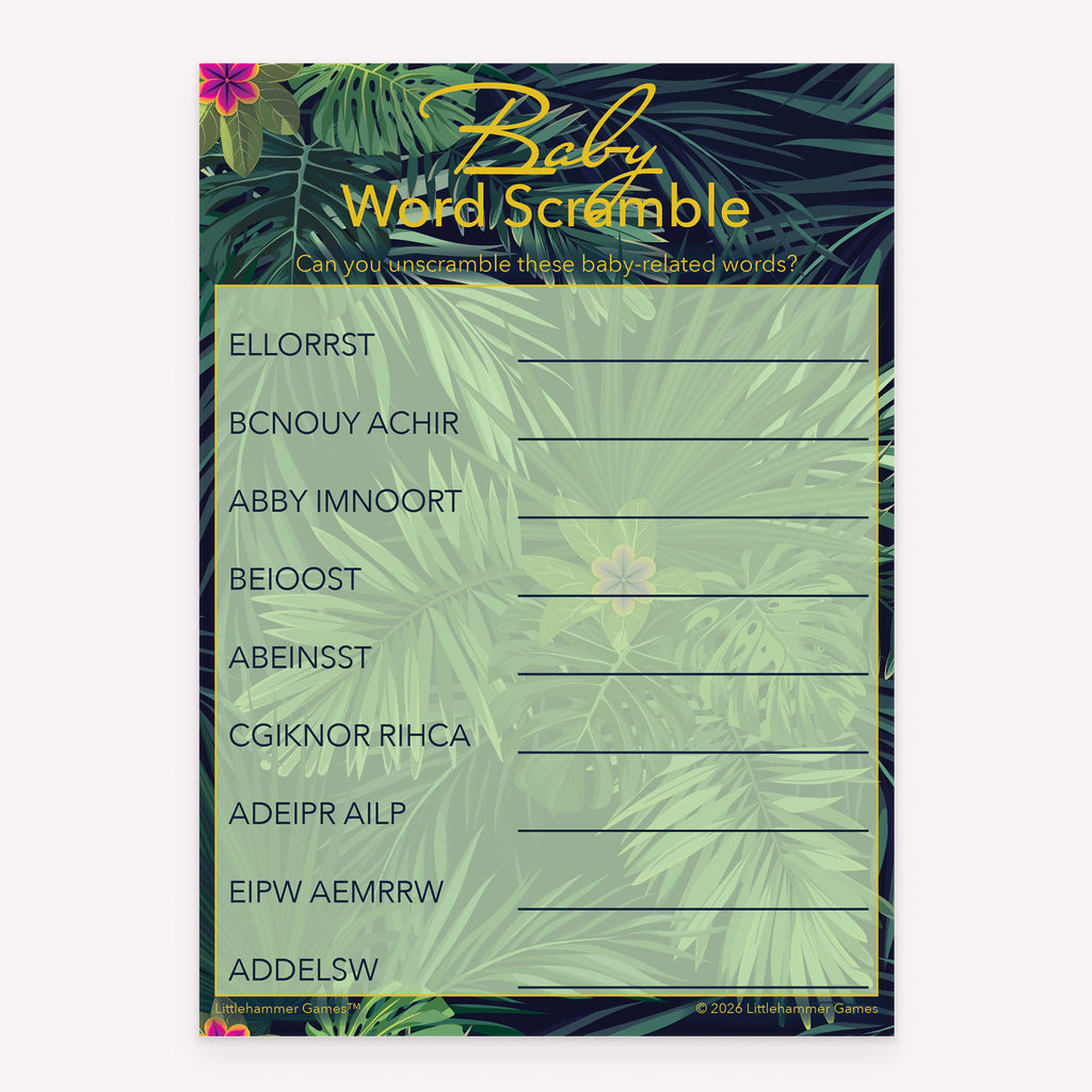 Printable Baby Word Scramble baby shower game card in tropical design