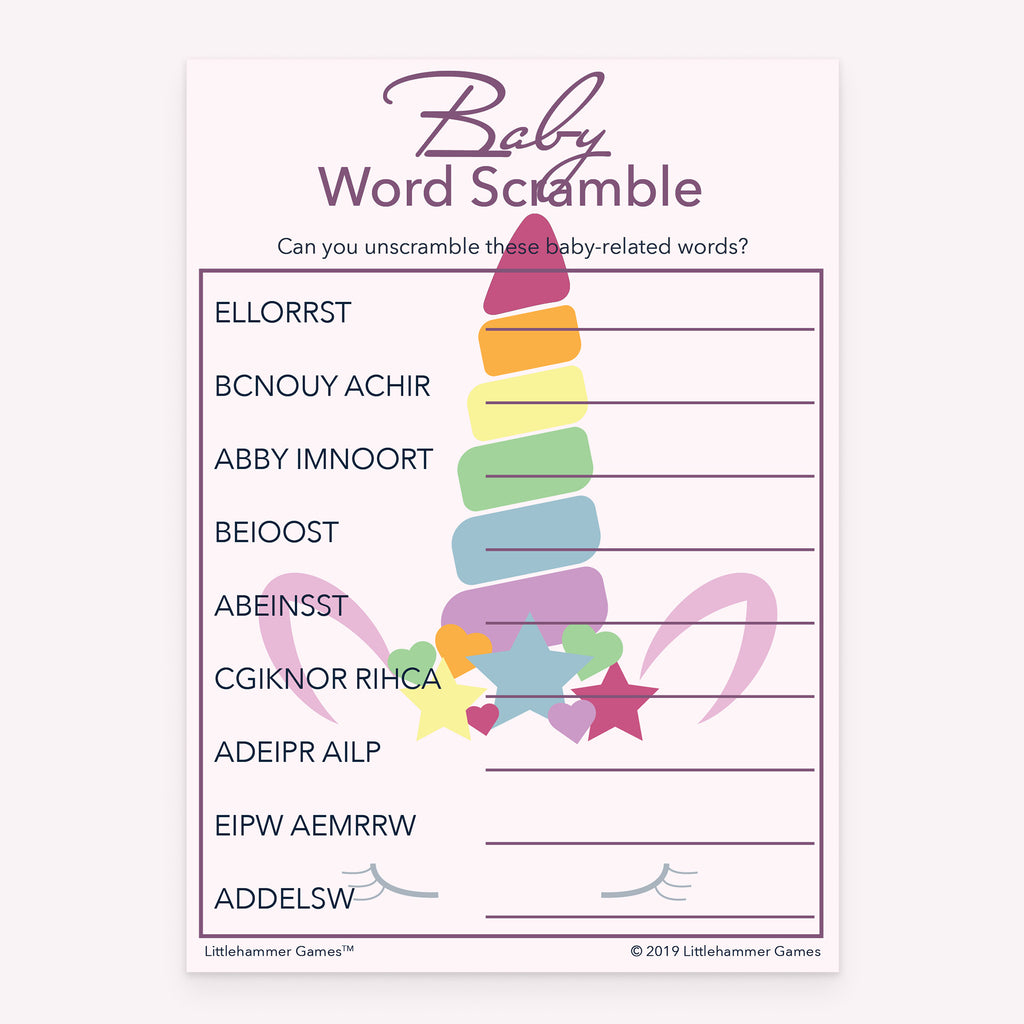 Printable baby shower Baby Word Scramble game card with unicorn design