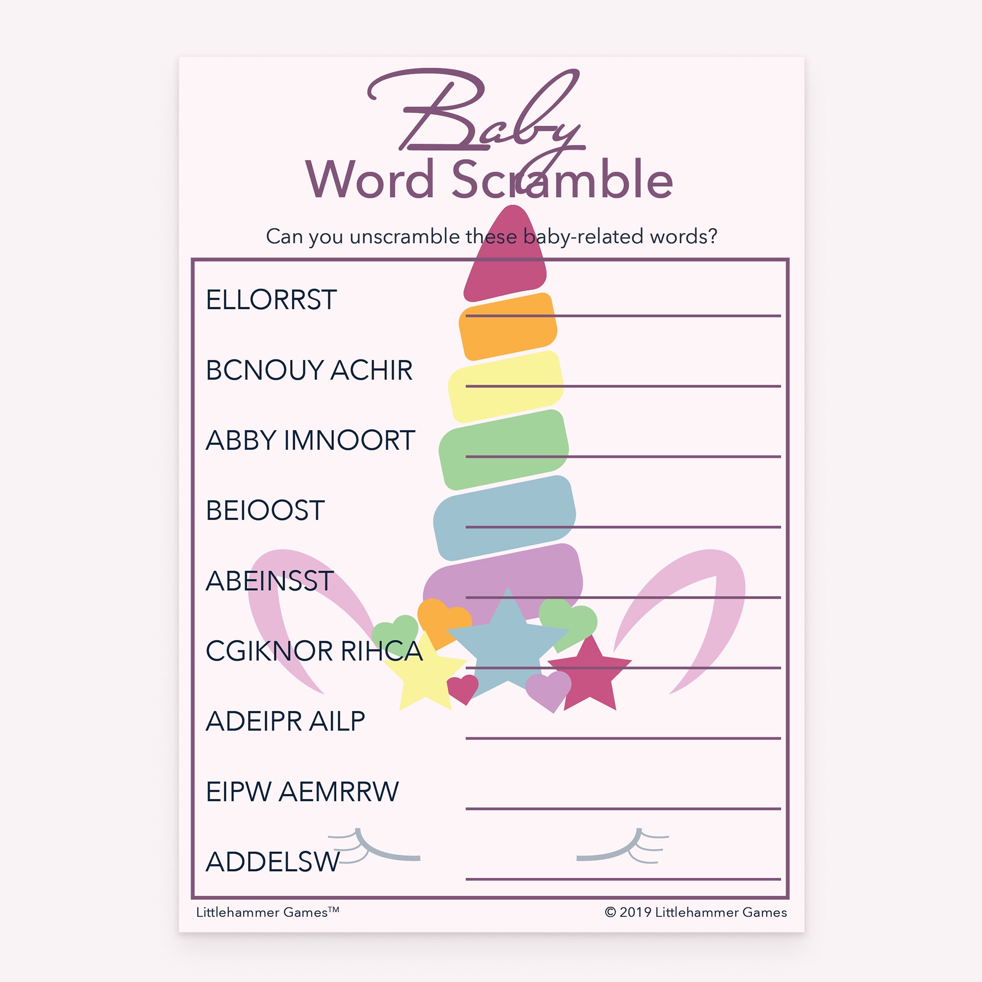 Printable baby shower Baby Word Scramble game card with unicorn design