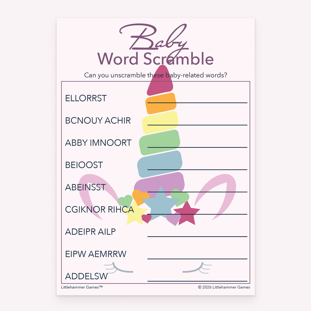 Printable baby shower Baby Word Scramble game card with unicorn design