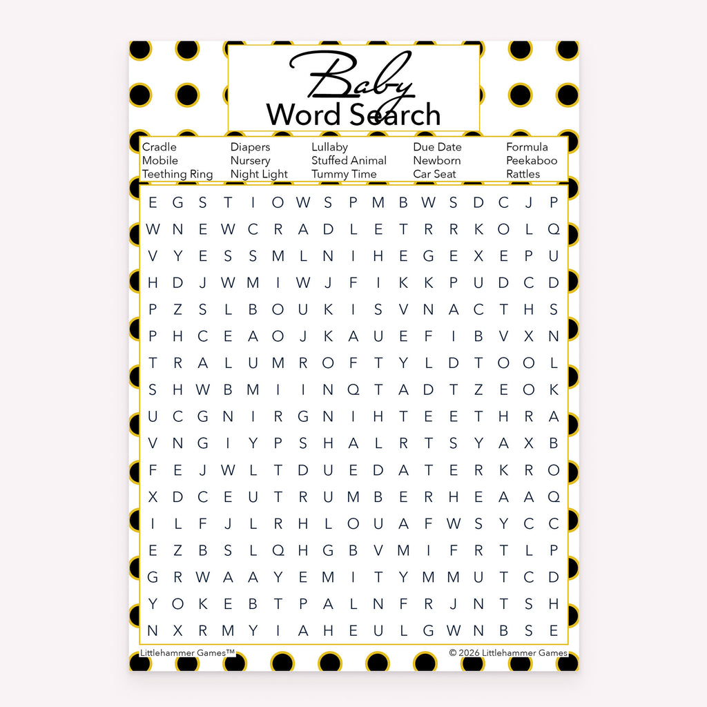 Baby Word Search printable baby shower activity in black and gold polka dot style