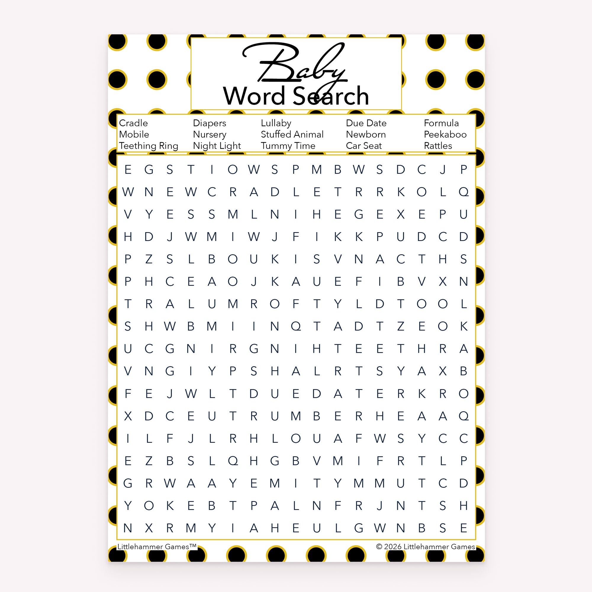 Baby Word Search printable baby shower activity in black and gold polka dot style