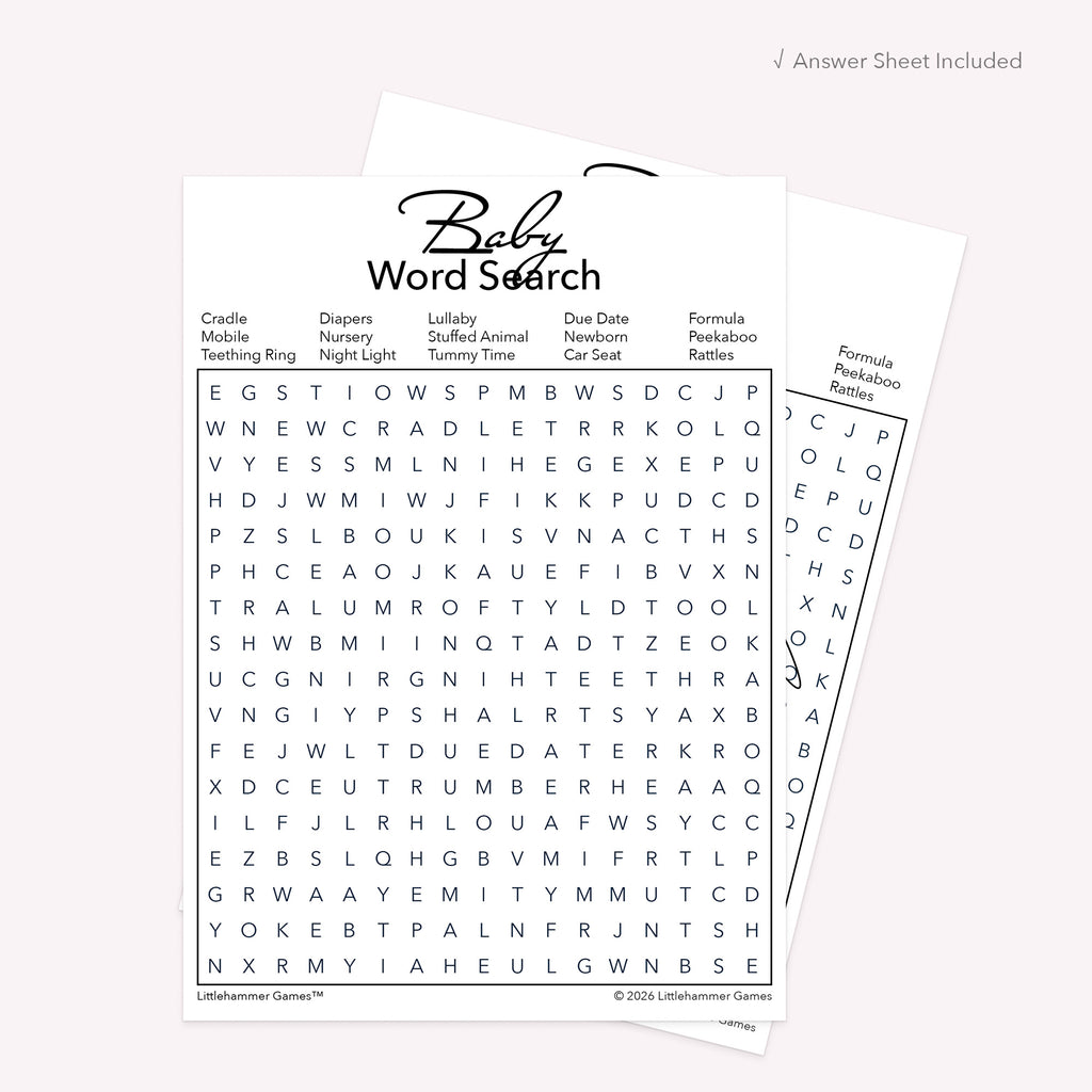 Black and white Baby Word Search card with matching printable answer sheet behind it