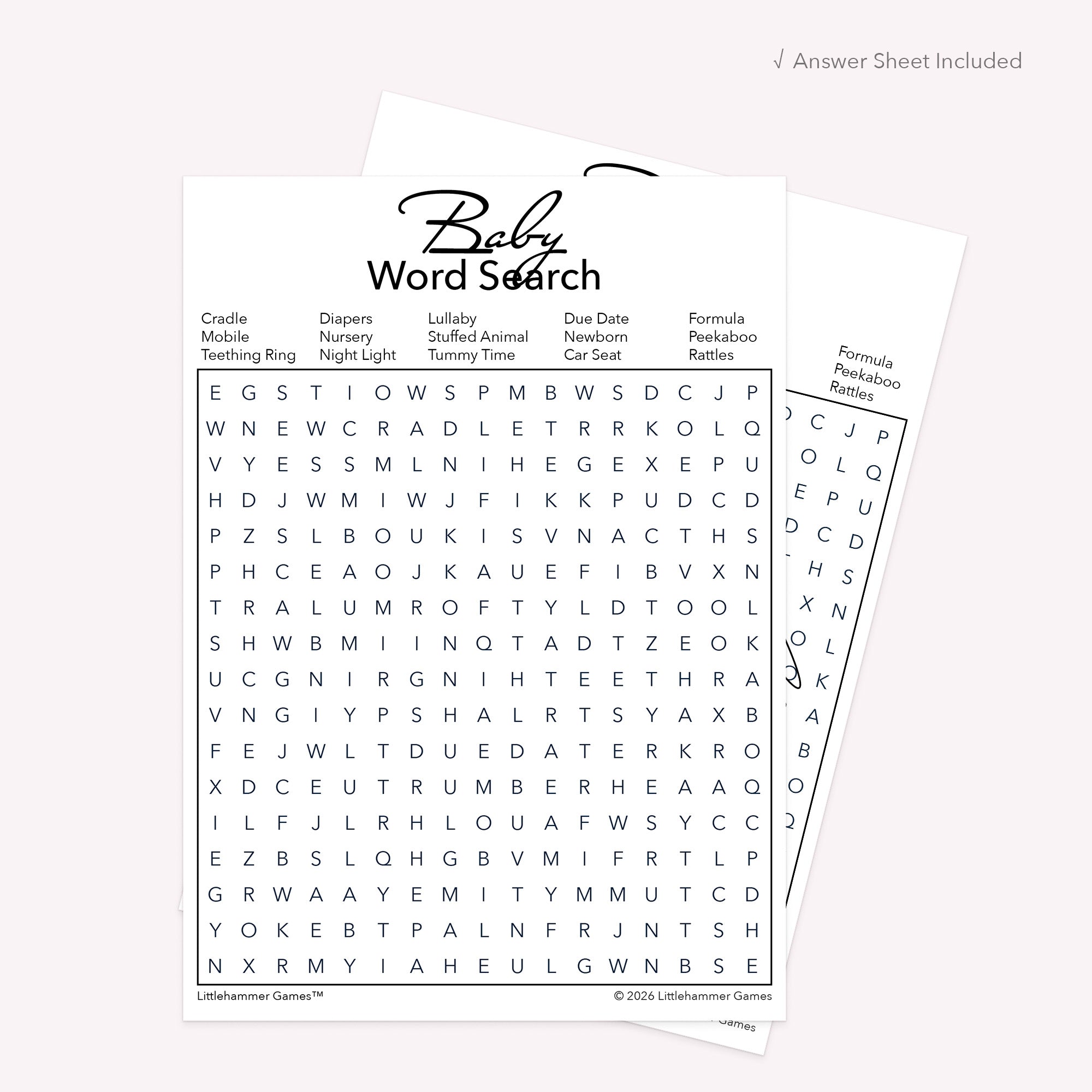 Black and white Baby Word Search card with matching printable answer sheet behind it