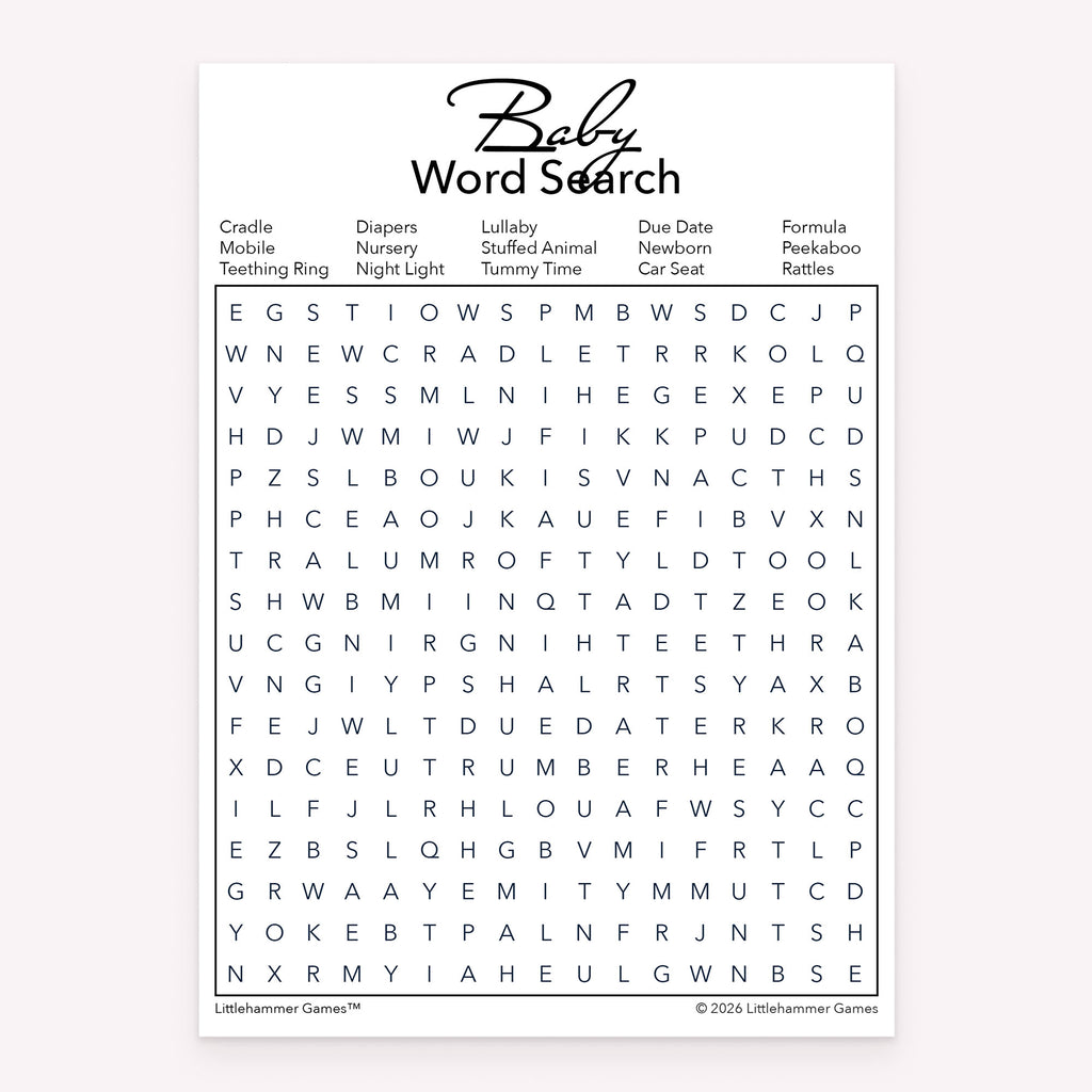 Printable baby word search game card for baby showers in a minimalist black and white design