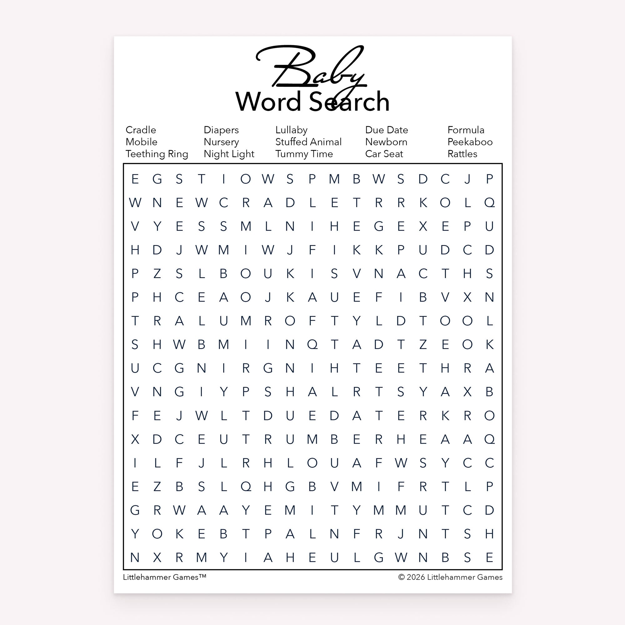 Printable baby word search game card for baby showers in a minimalist black and white design