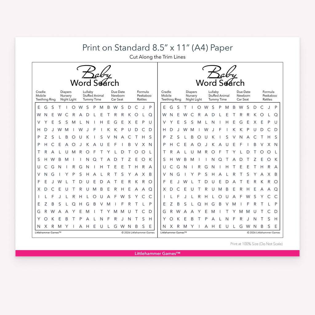 Printable baby shower game bundle printing instructions for US Letter and A4 PDF files showing a single page of black and white baby word search game cards