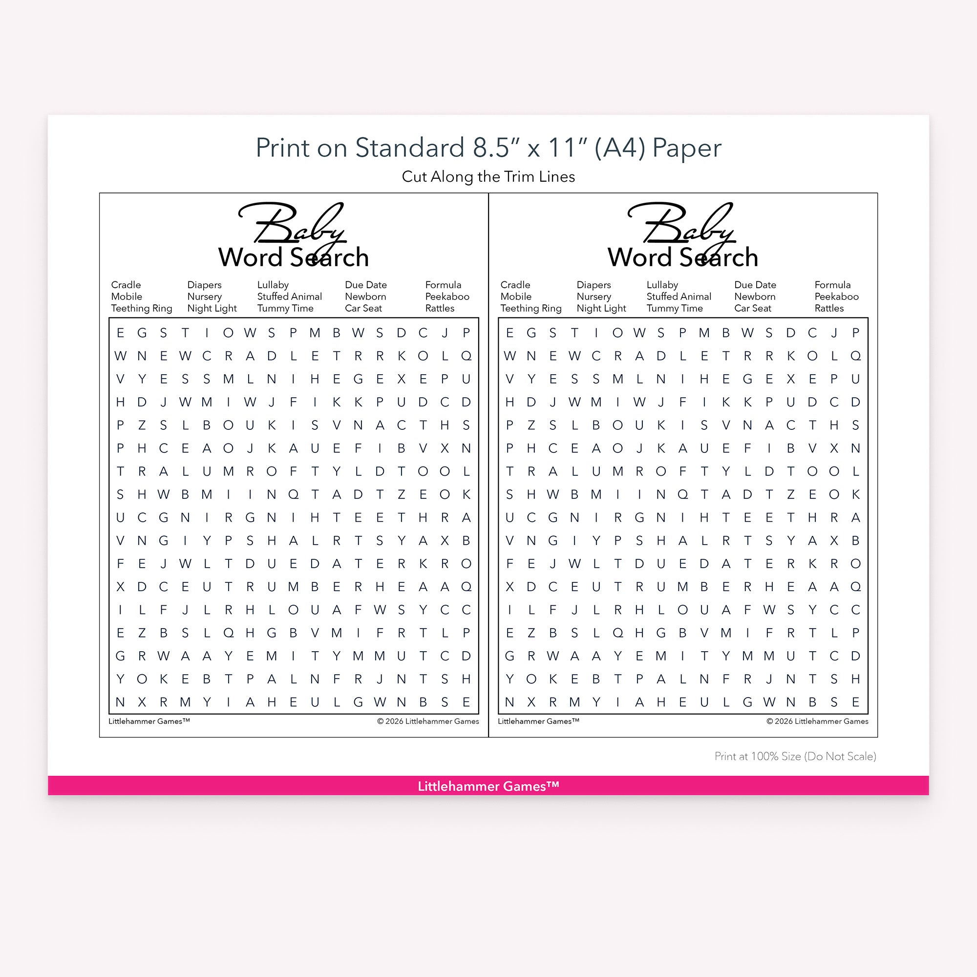 Printable baby shower game bundle printing instructions for US Letter and A4 PDF files showing a single page of black and white baby word search game cards