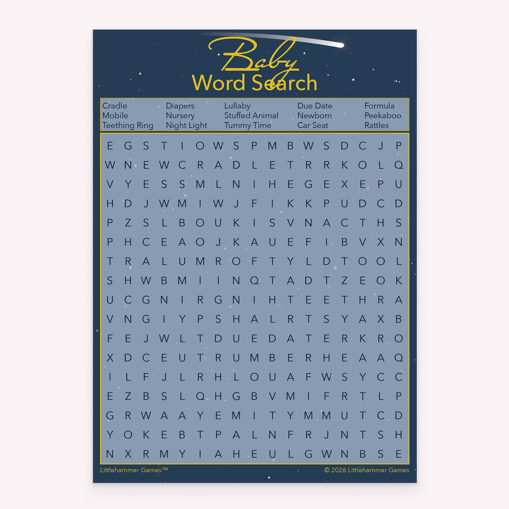 Celestial printable baby shower Baby Word Search activity card