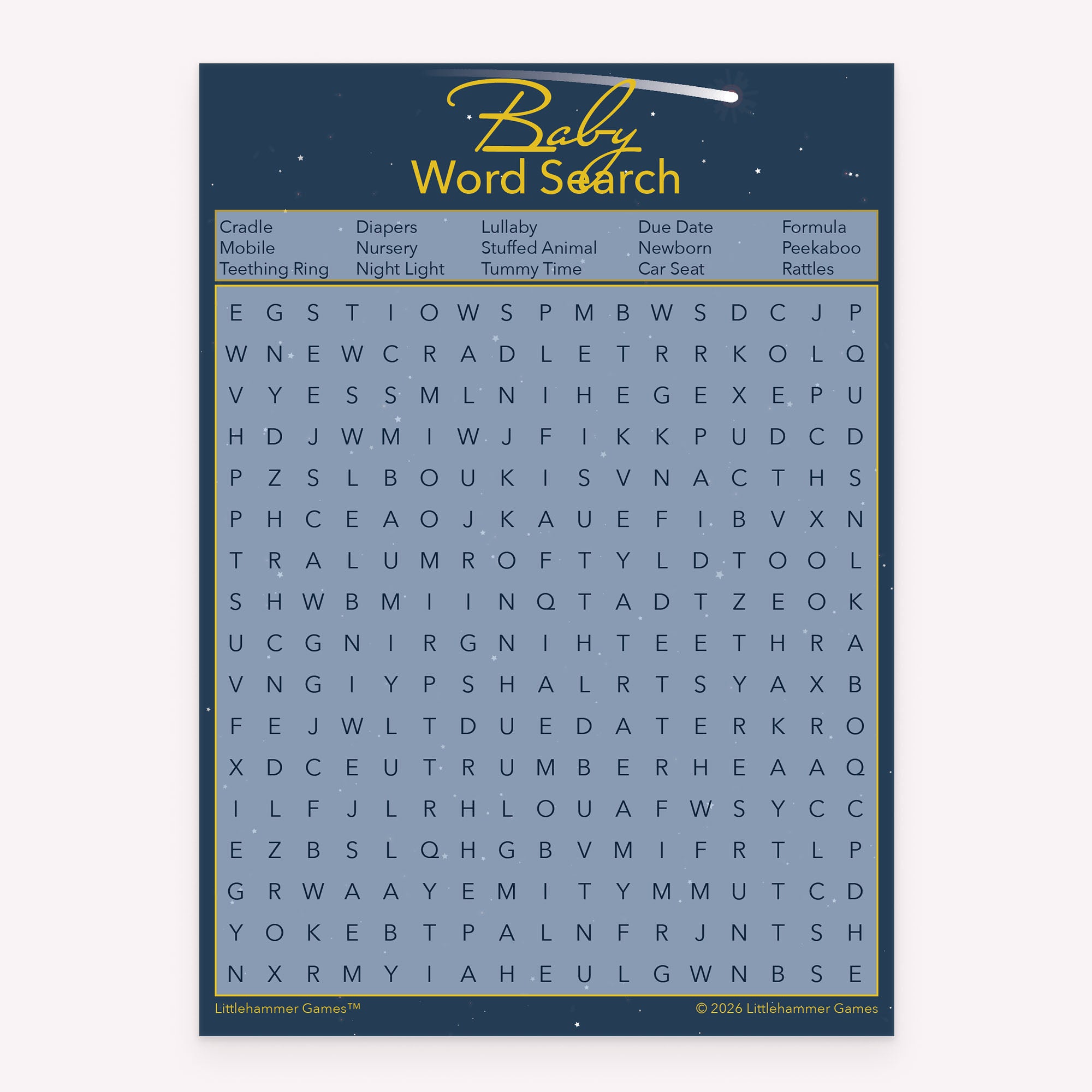 Celestial printable baby shower Baby Word Search activity card