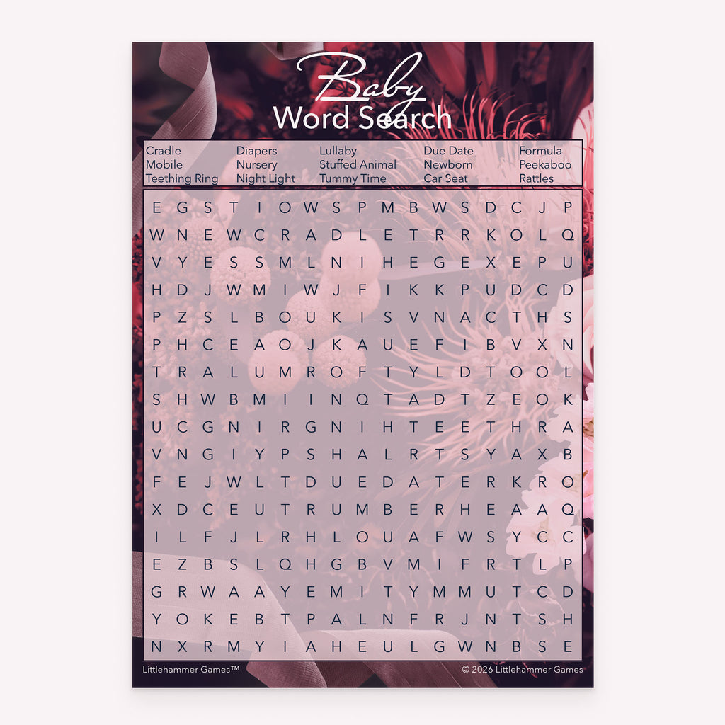 Printable Baby Word Search baby shower game card in dark floral design