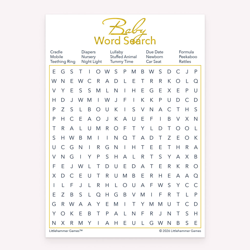 Minimal gold and white Baby Word Search baby shower printable card