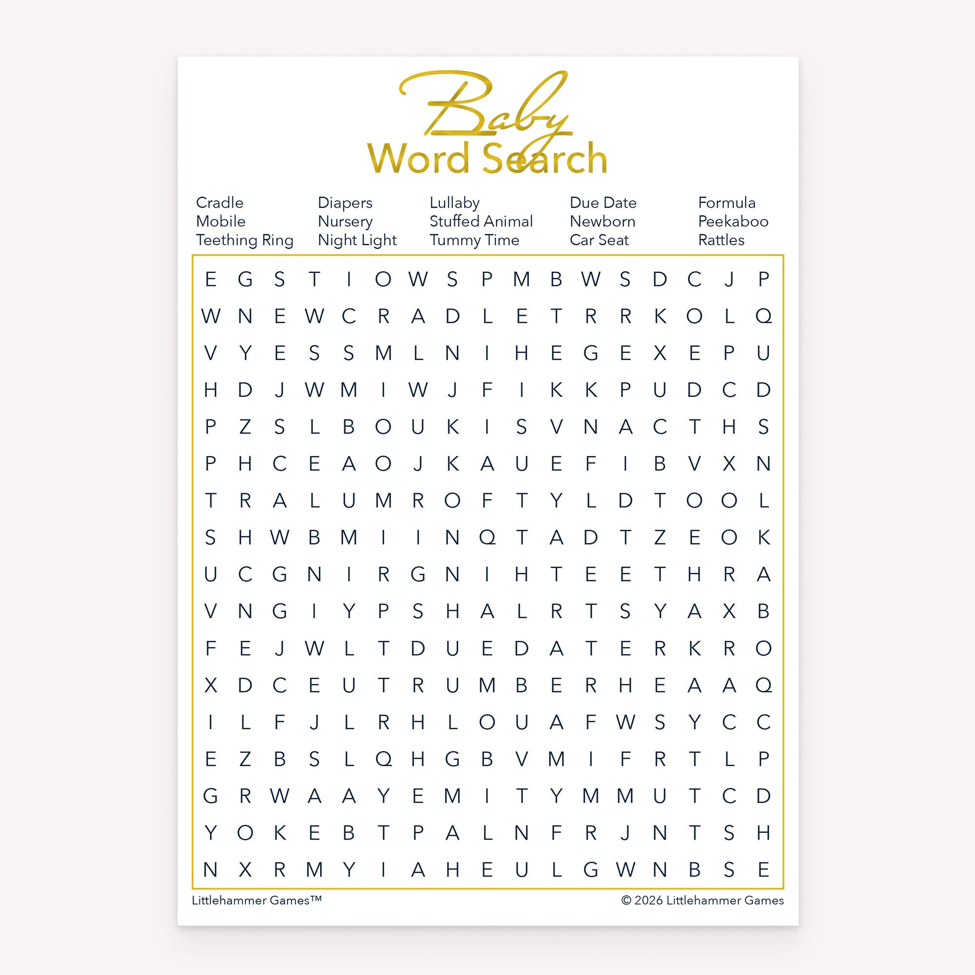 Minimal gold and white Baby Word Search baby shower printable card