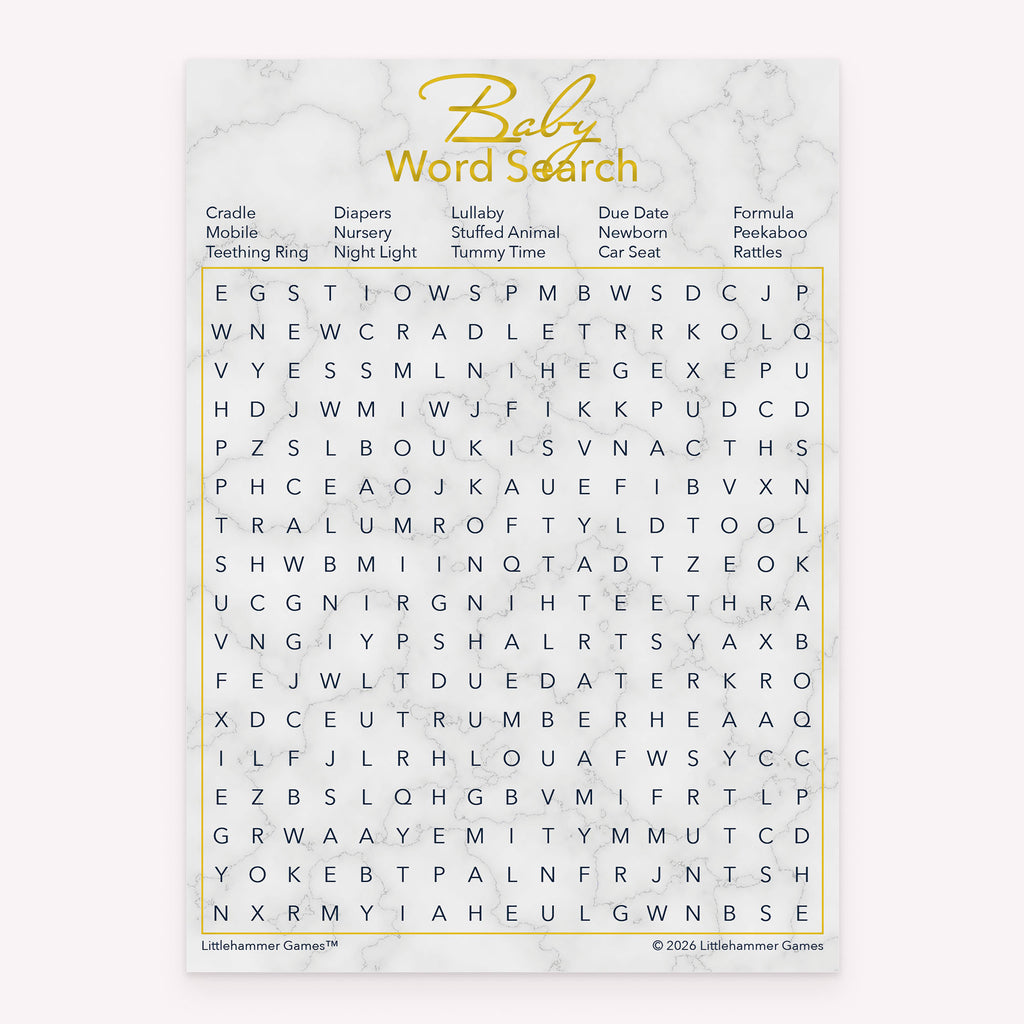 Baby Word Search printable baby shower game card with gold and marble background