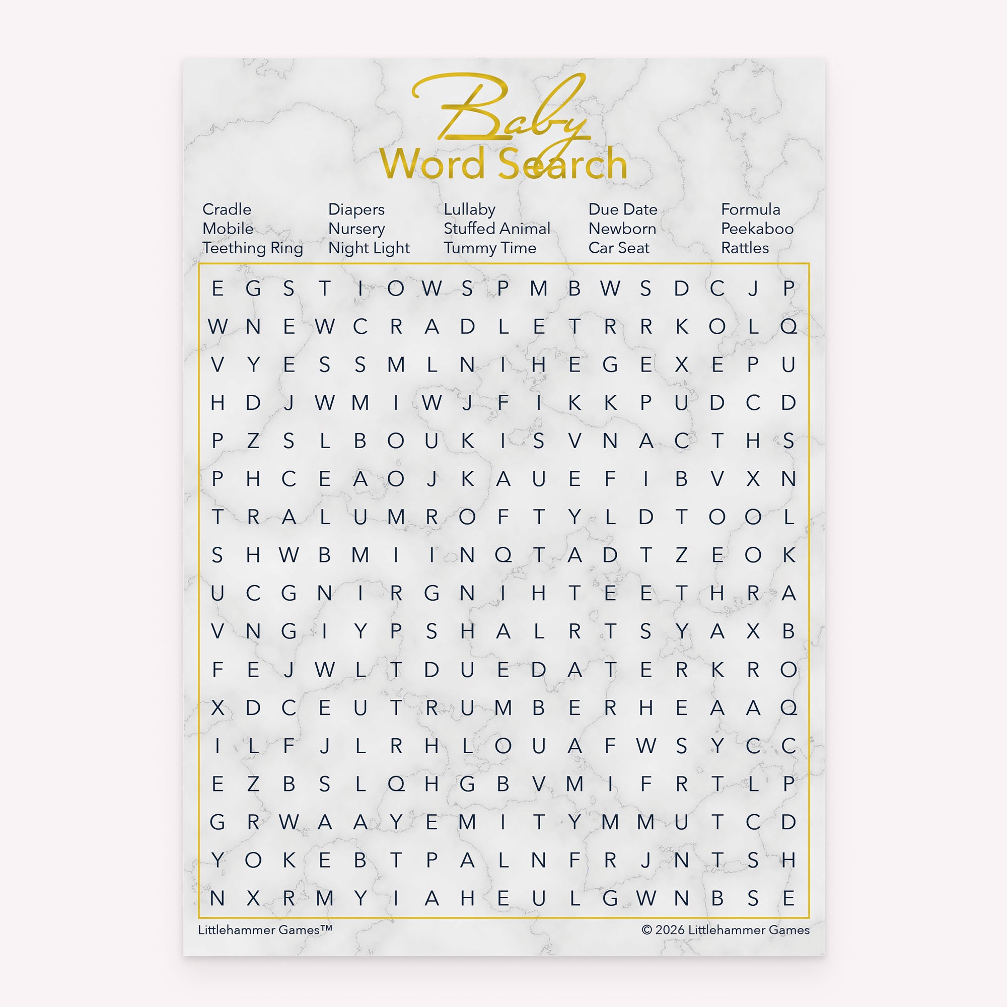 Baby Word Search printable baby shower game card with gold and marble background
