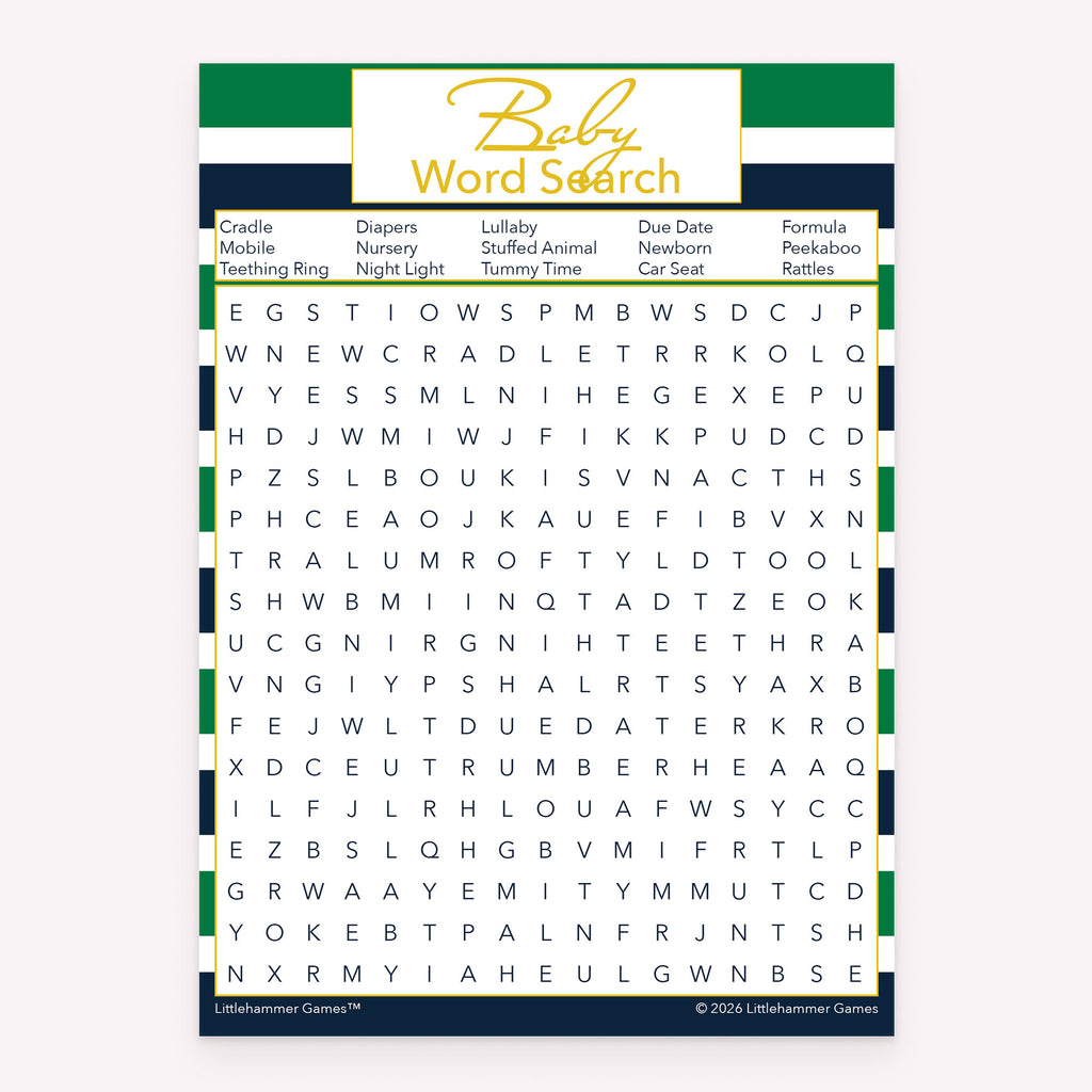 Baby Word Search baby shower game card with green and navy-striped layout