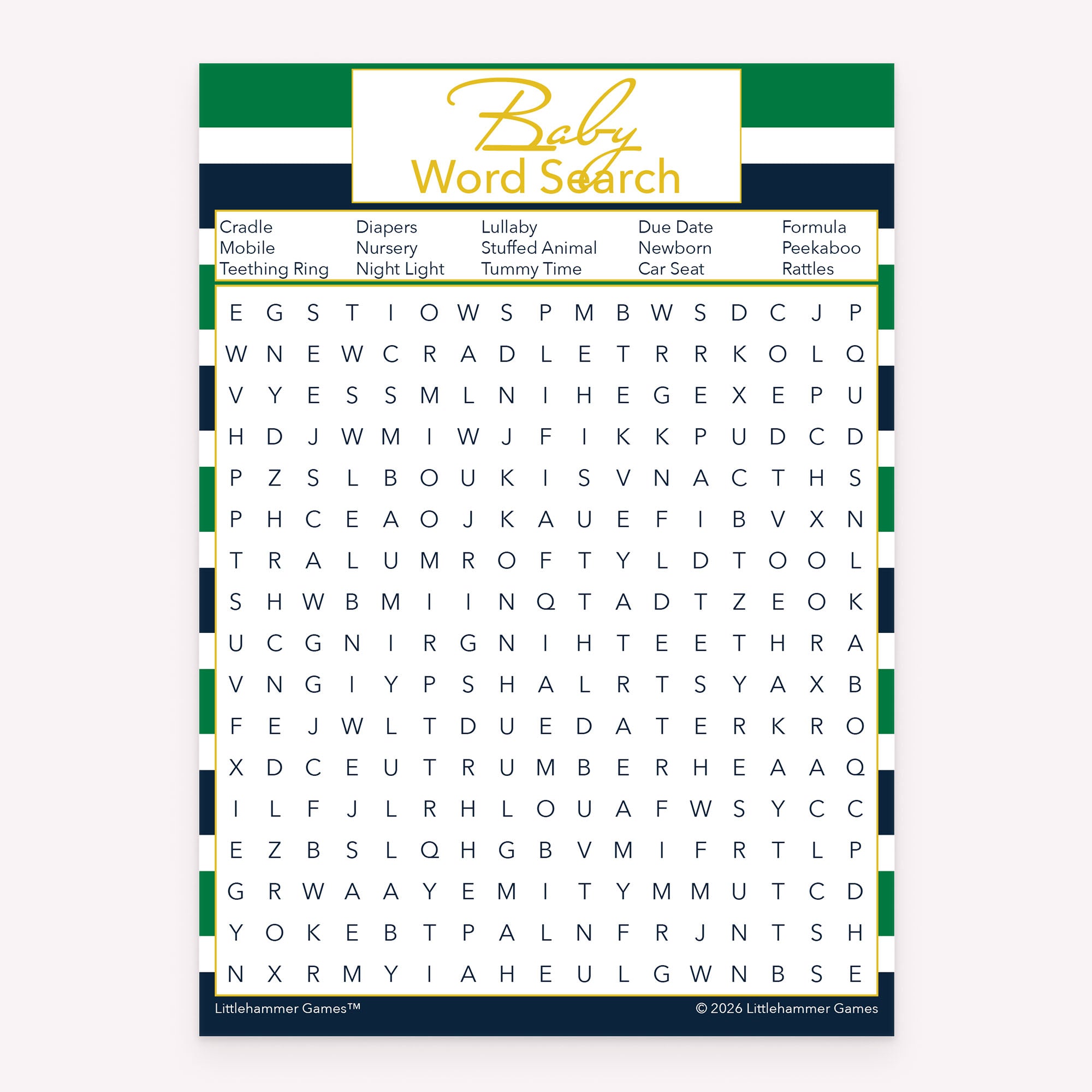Baby Word Search baby shower game card with green and navy-striped layout