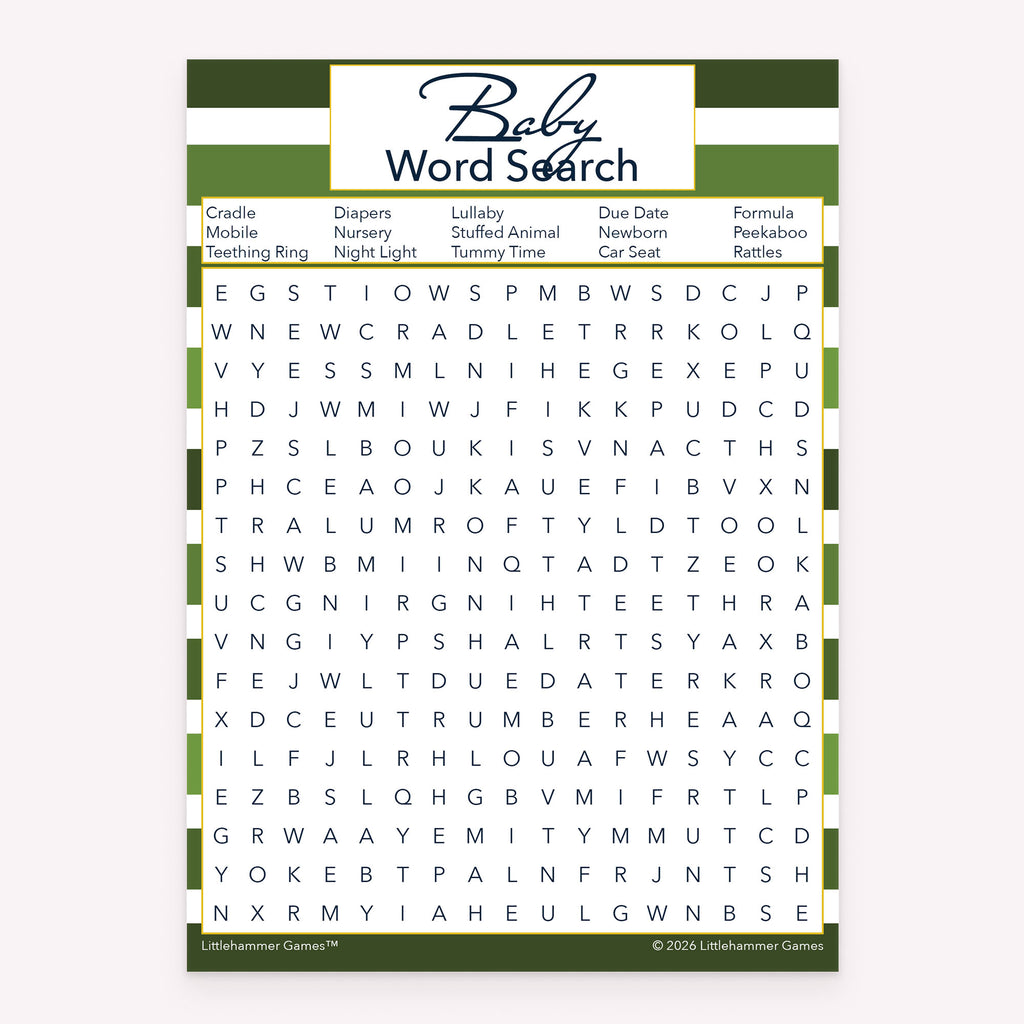 Printable baby shower Baby Word Search card in green-striped theme