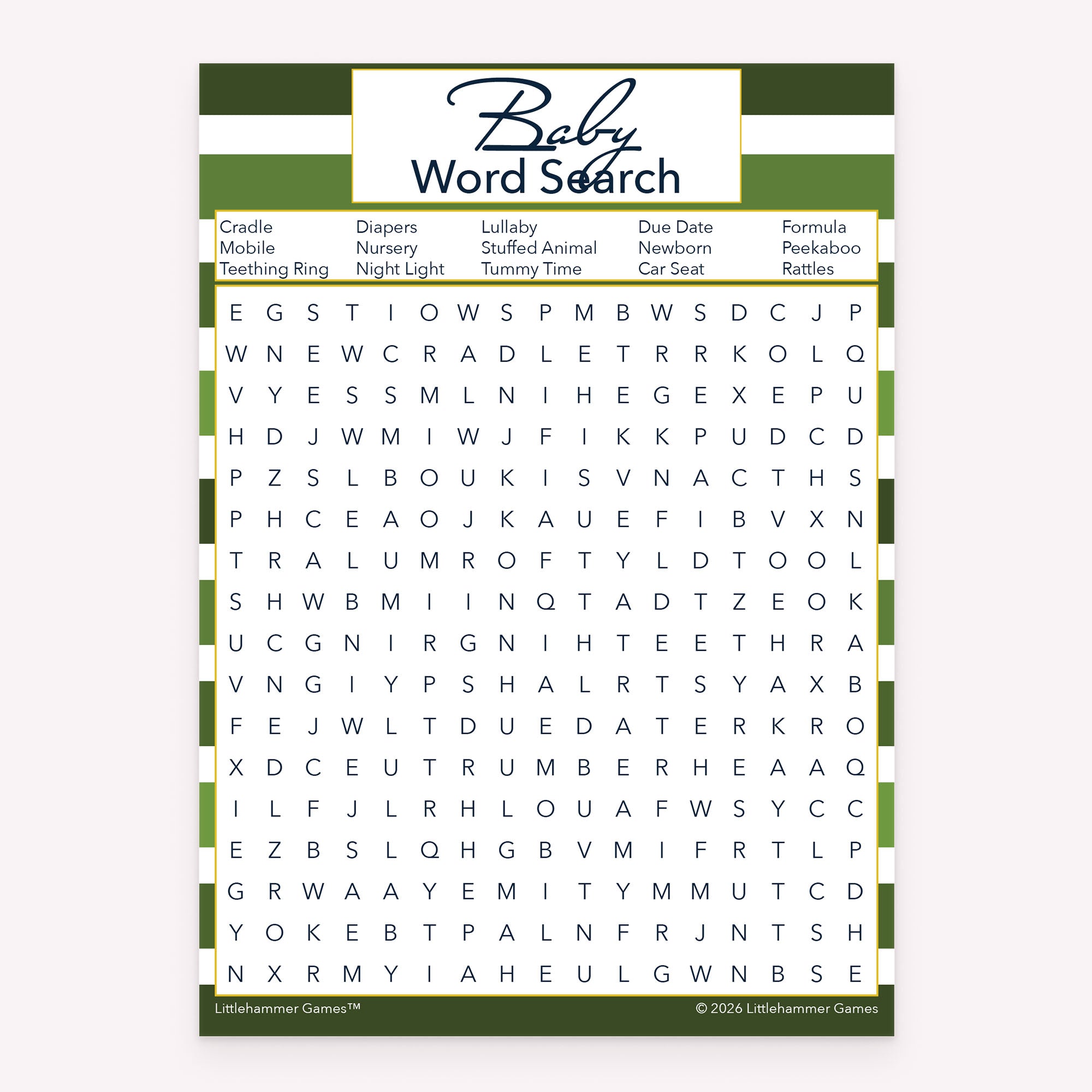 Printable baby shower Baby Word Search card in green-striped theme