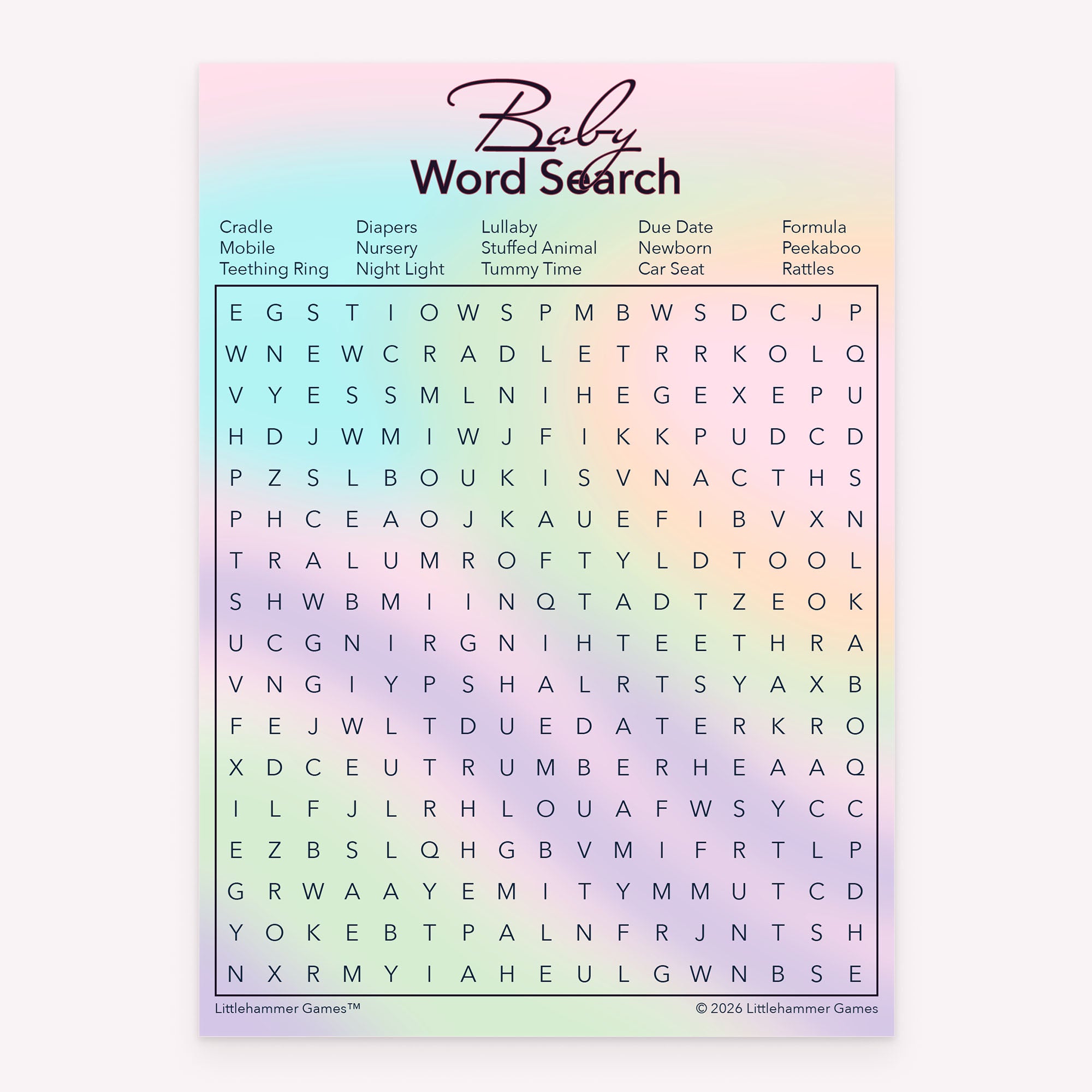 Printable baby shower Baby Word Search game card with iridescent hologram design
