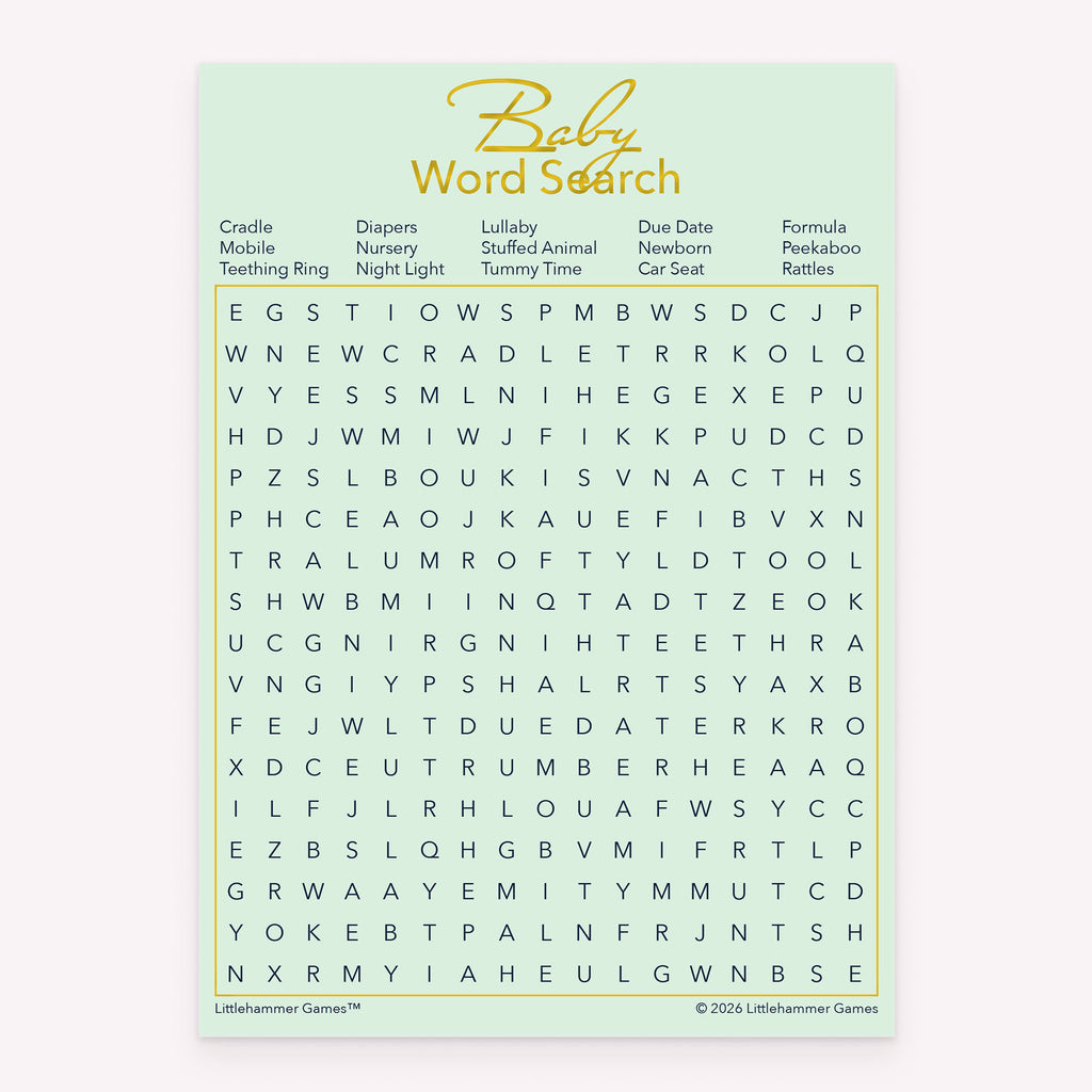 Mint and gold style printable baby shower Baby Word Search card