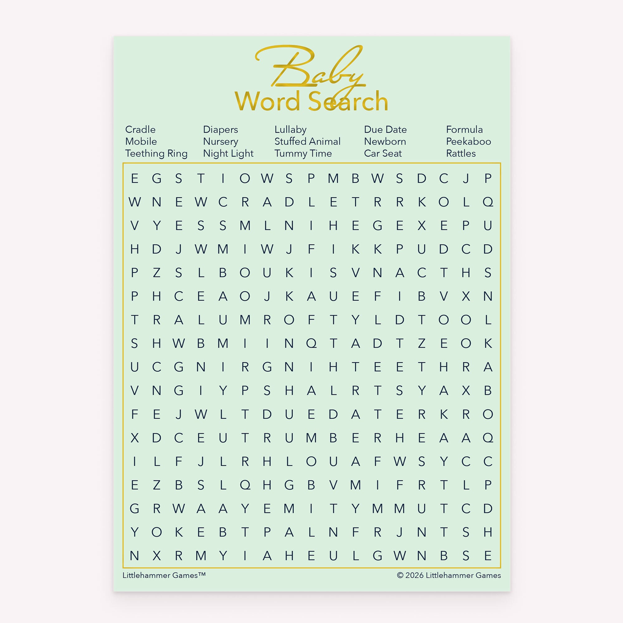 Mint and gold style printable baby shower Baby Word Search card