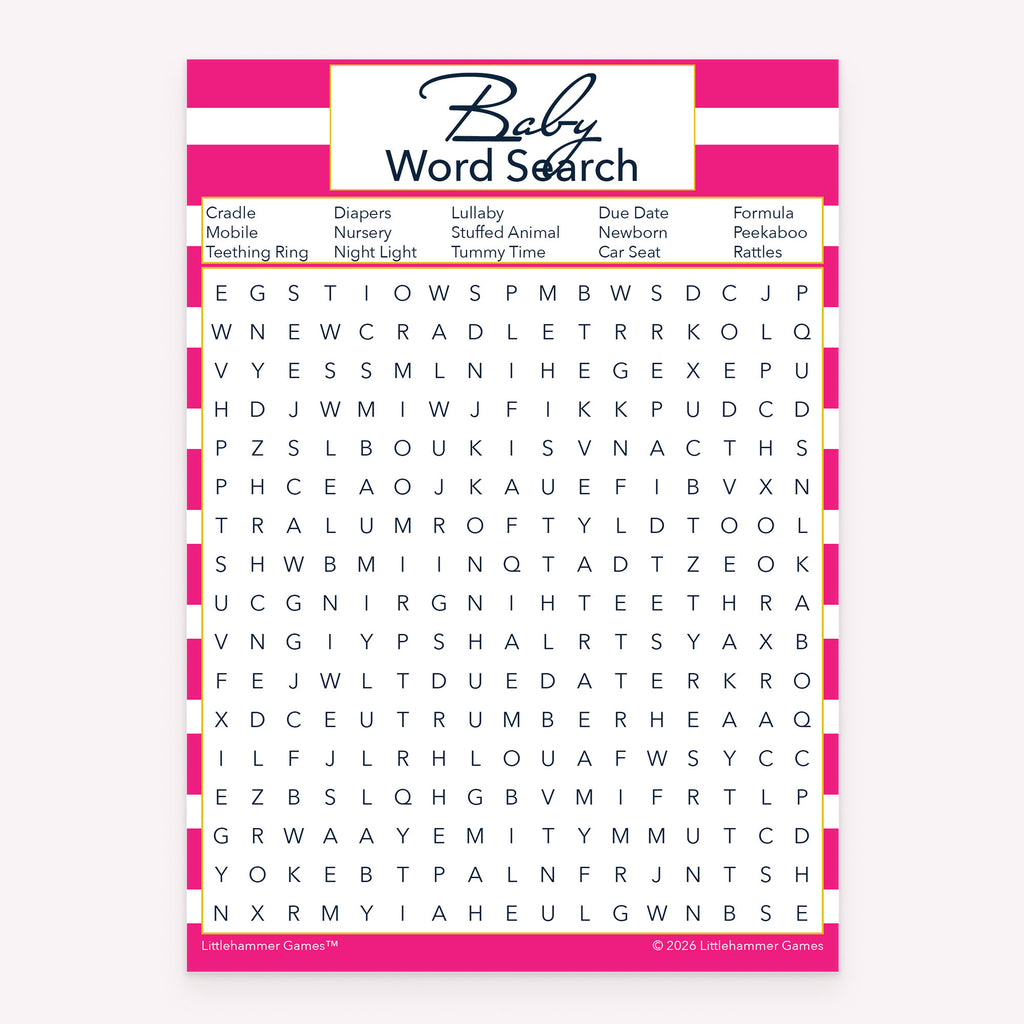 Pink stripe design baby shower printable Baby Word Search card