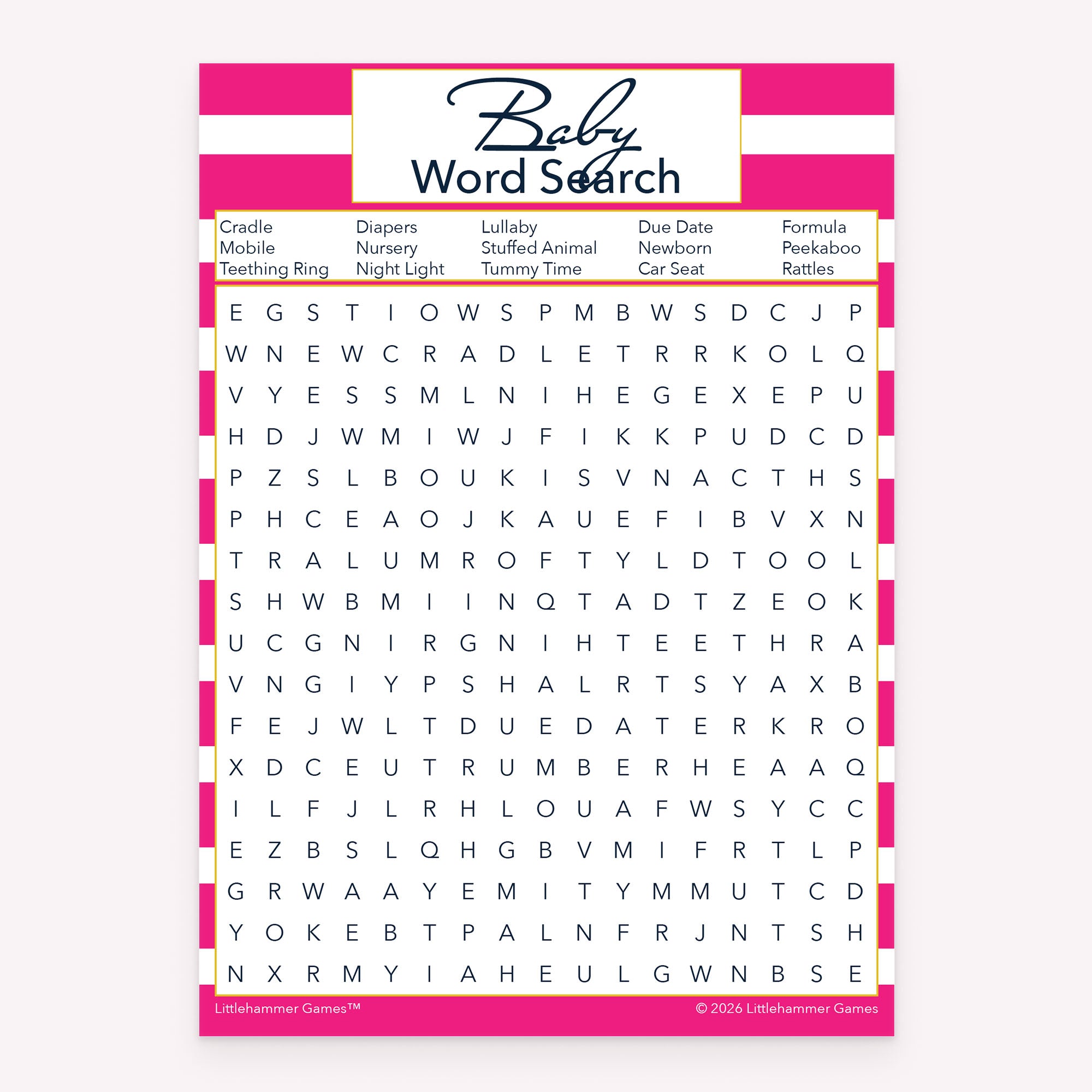 Pink stripe design baby shower printable Baby Word Search card