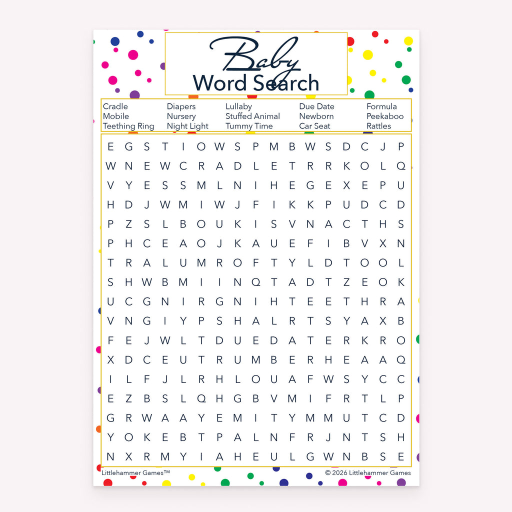 Rainbow polka dot baby shower Baby Word Search printable game card layout