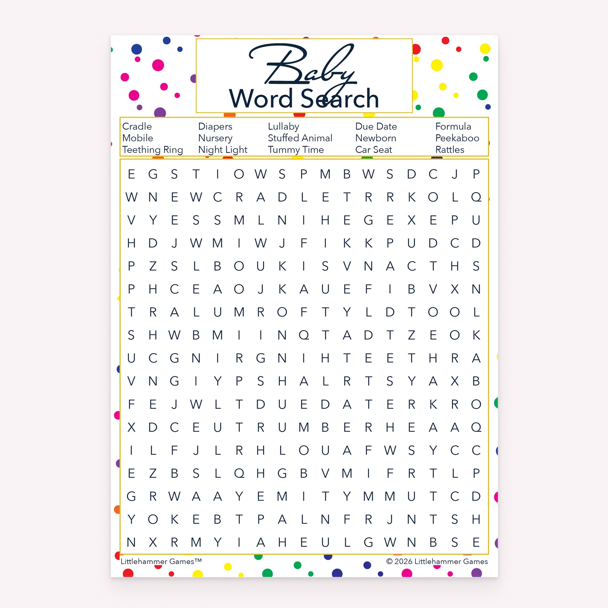 Rainbow polka dot baby shower Baby Word Search printable game card layout