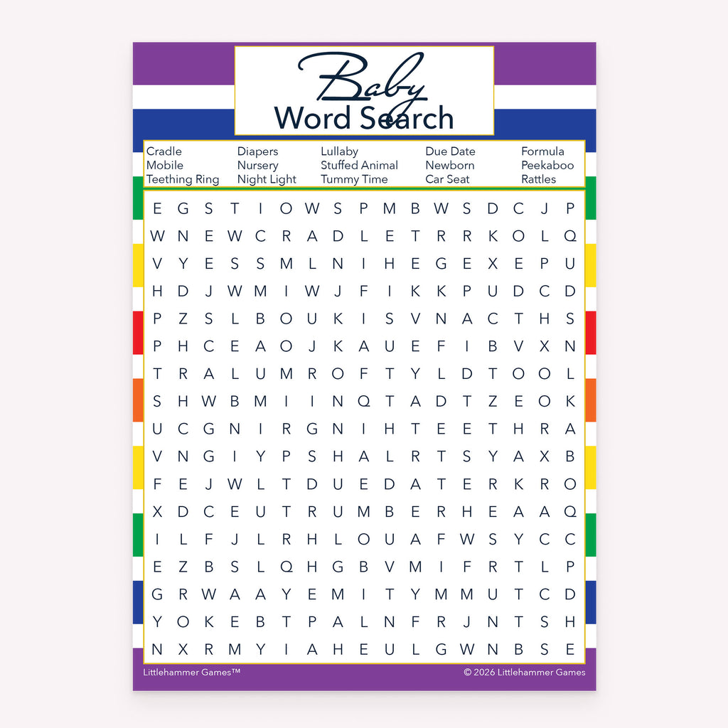 Baby shower printable Baby Word Search card featuring rainbow stripes