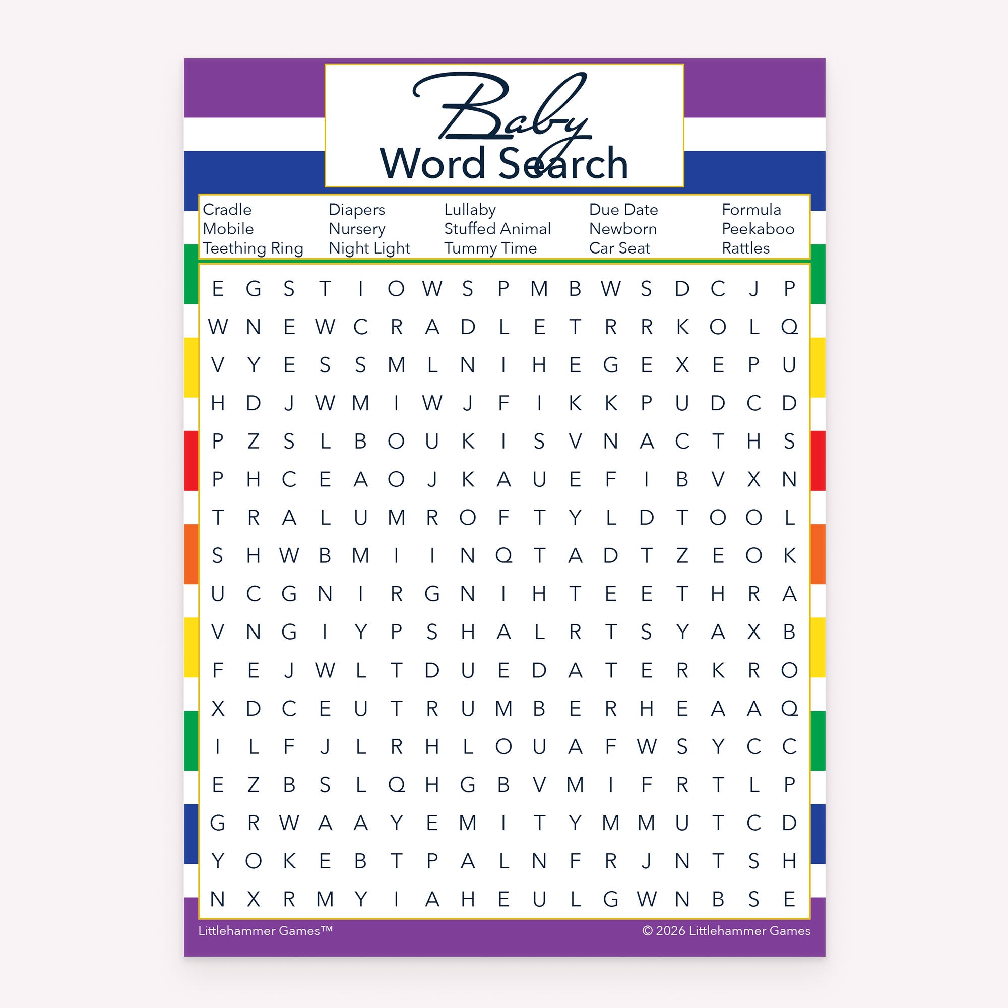 Baby shower printable Baby Word Search card featuring rainbow stripes