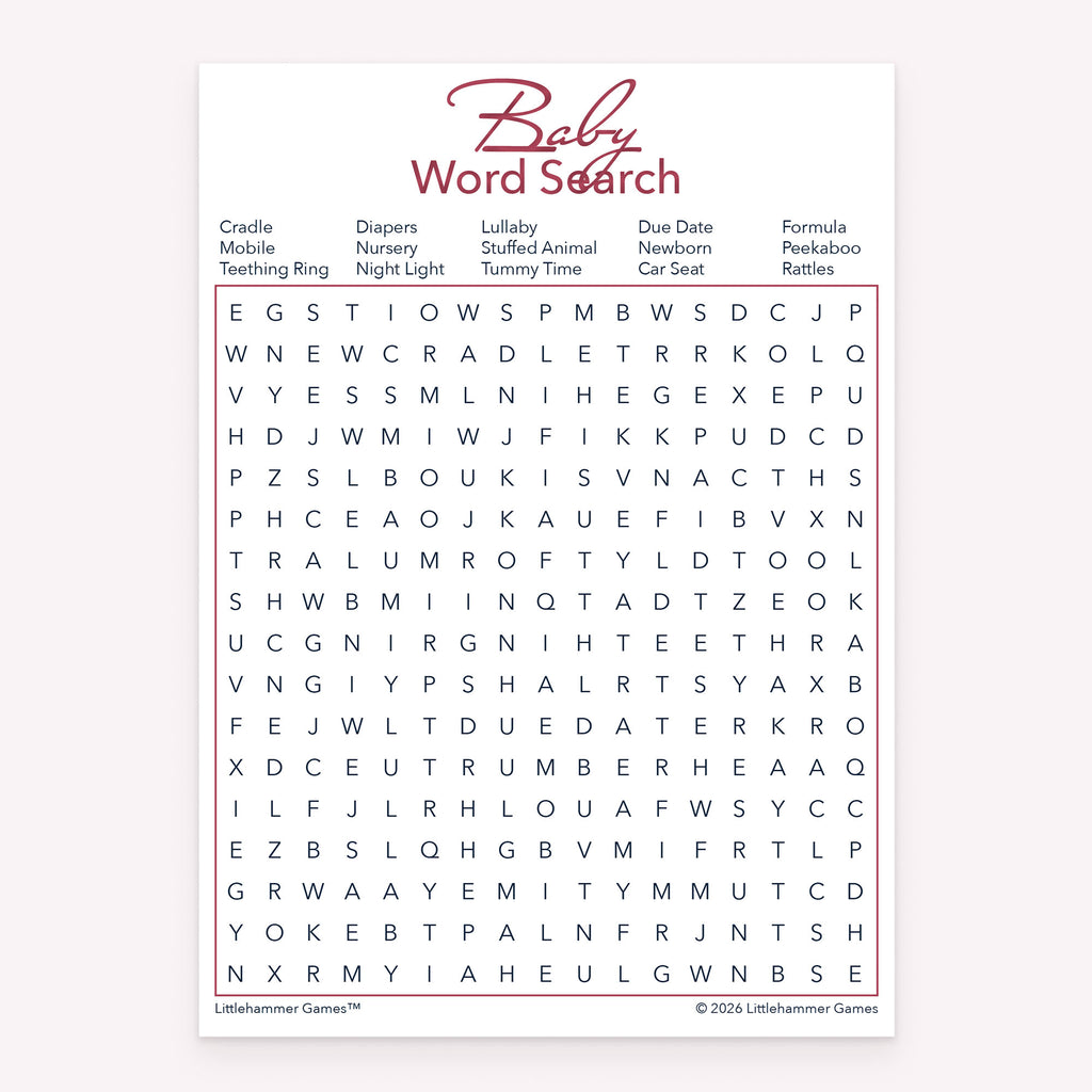 Baby shower Baby Word Search game card printable in rose gold design