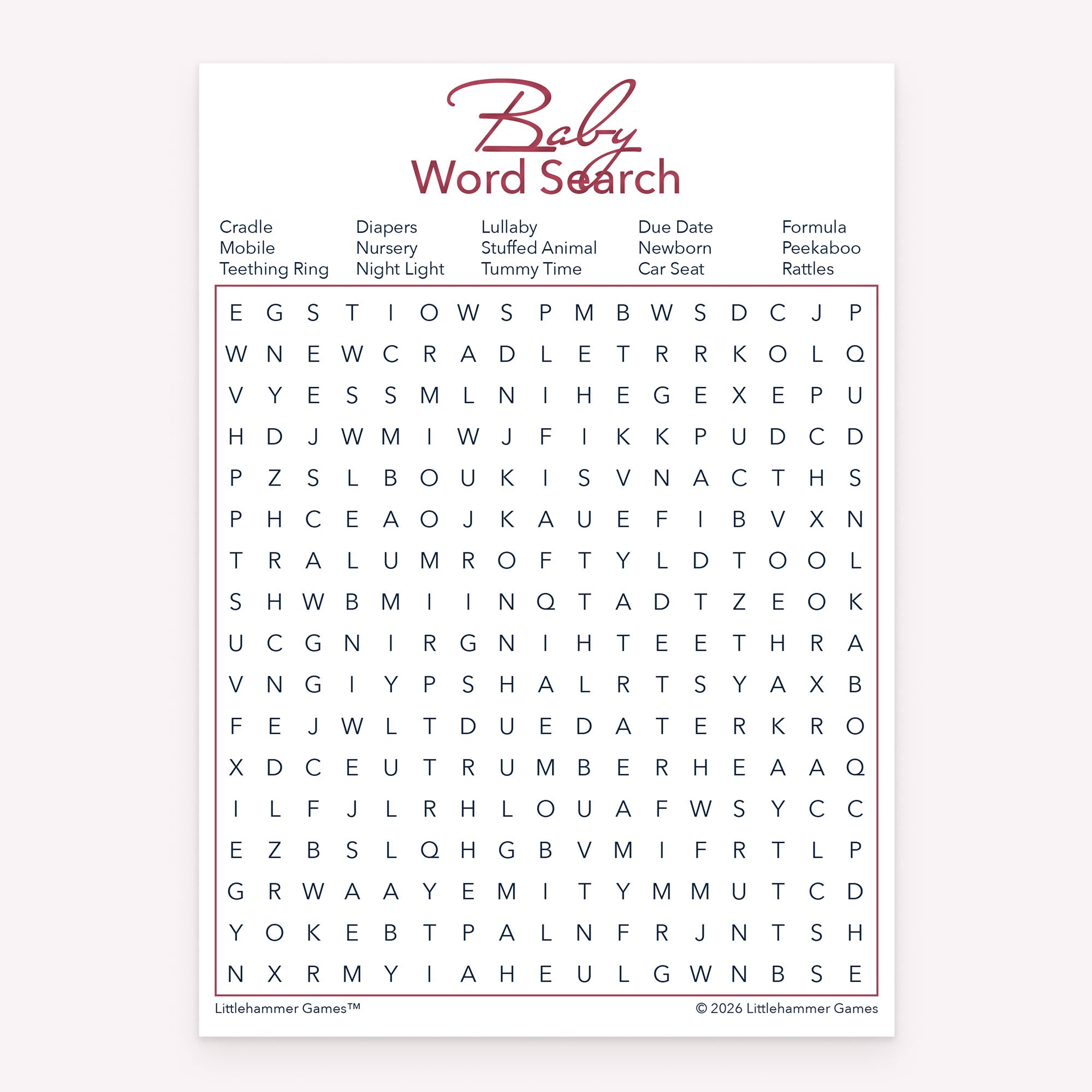 Baby shower Baby Word Search game card printable in rose gold design
