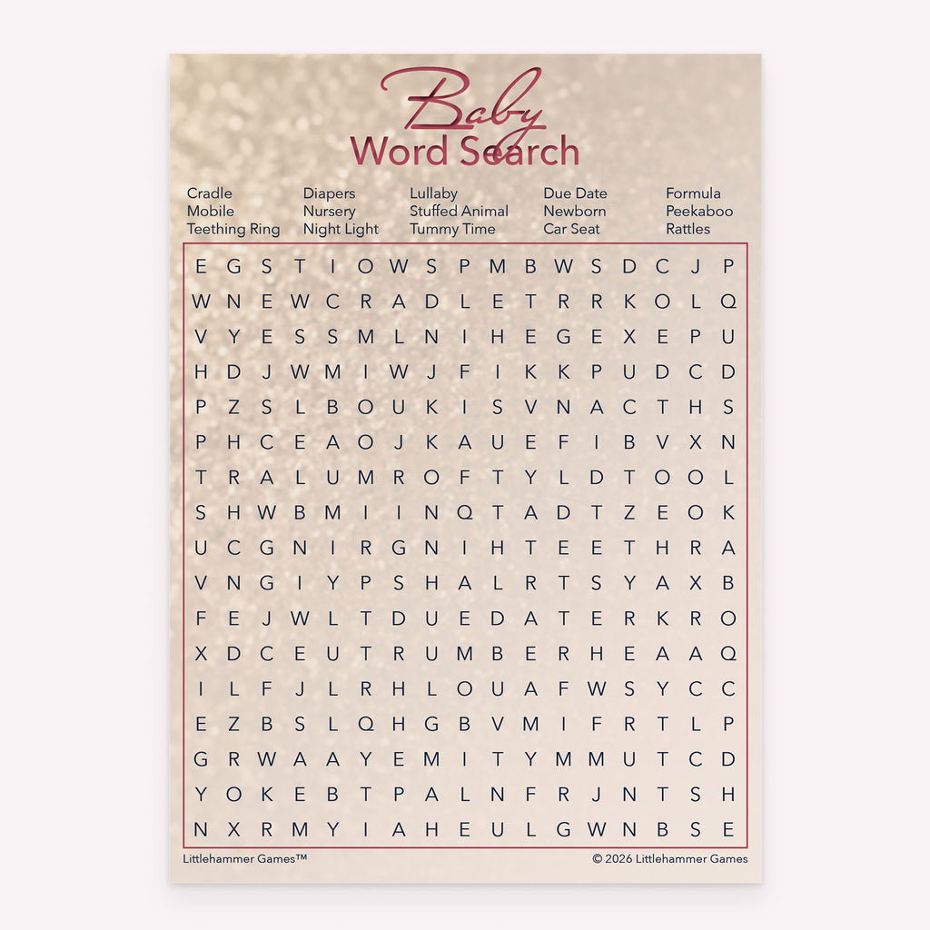 Glittery rose gold printable baby shower game card for Baby Word Search