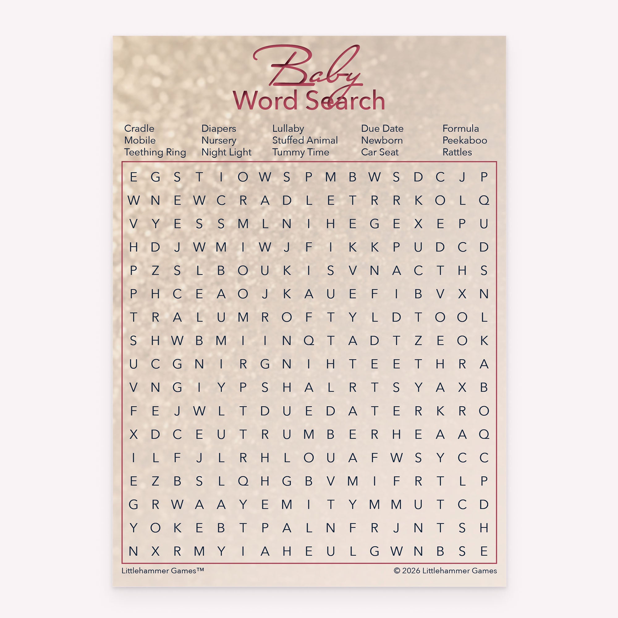 Glittery rose gold printable baby shower game card for Baby Word Search