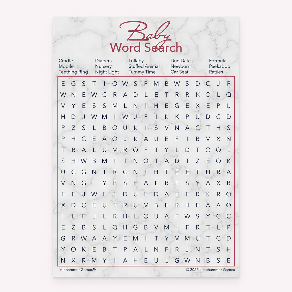 Baby Word Search baby shower printable activity card in rose gold and marble