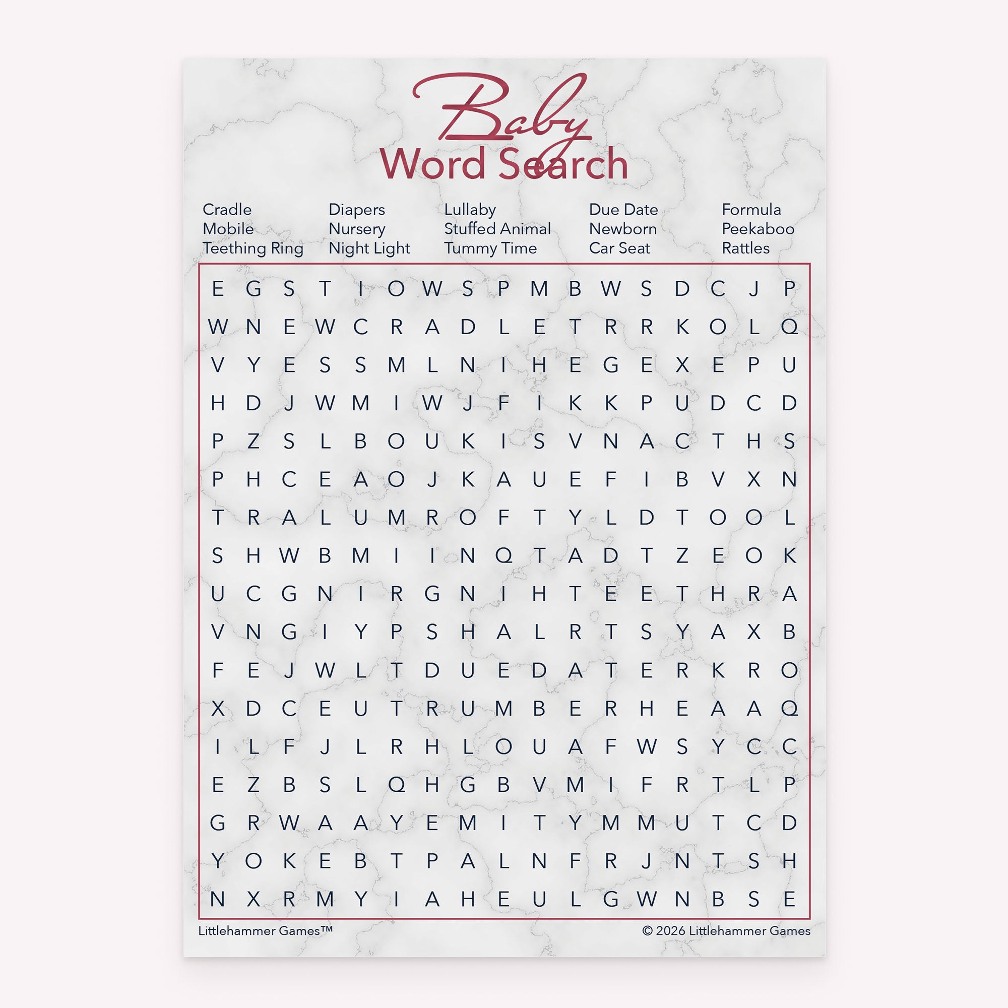 Baby Word Search baby shower printable activity card in rose gold and marble