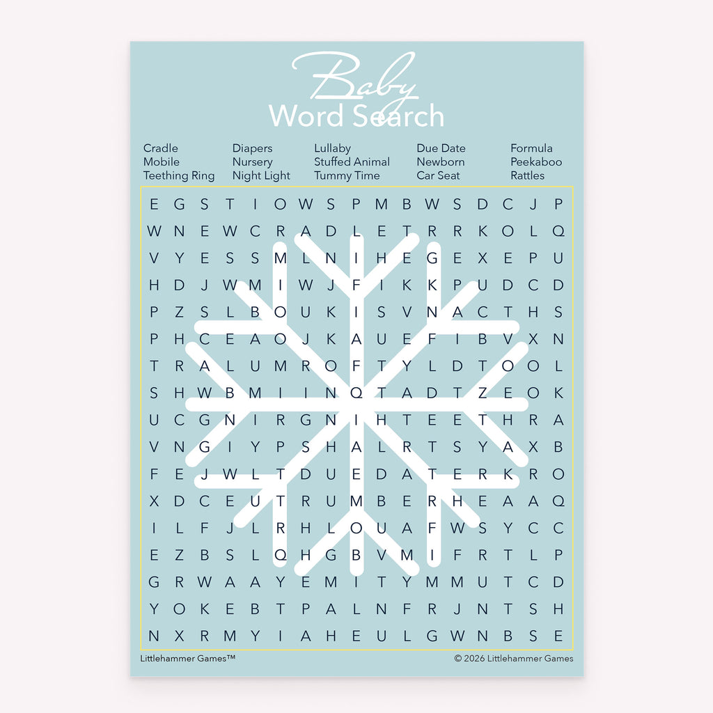 Snowflake-themed Baby Word Search printable baby shower game card