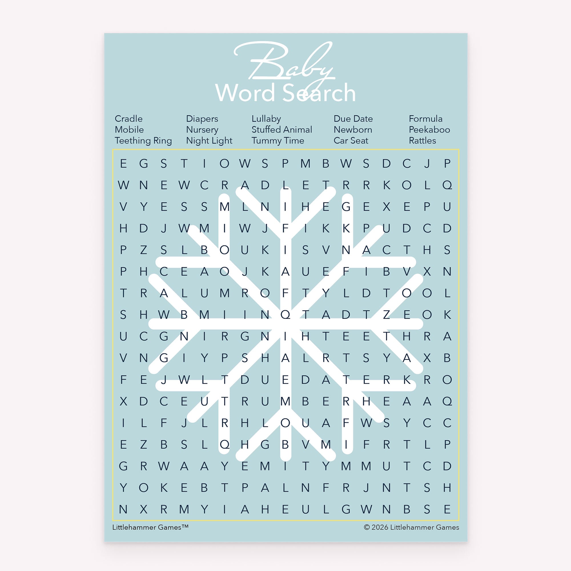 Snowflake-themed Baby Word Search printable baby shower game card