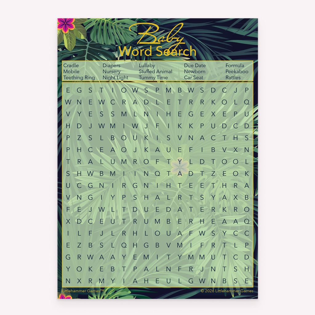 Baby Word Search baby shower printable game card featuring a tropical style